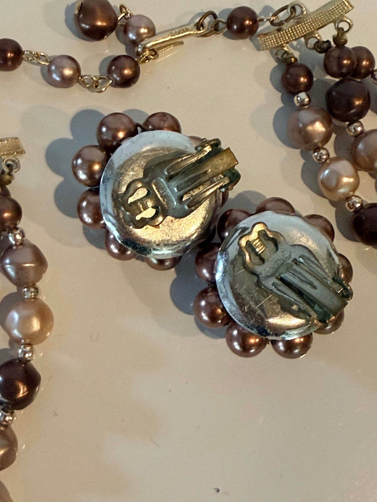 Vintage Brown Pearl Necklace and Earrings Set, Triple Strand Pearl Demi Parure, Mocha Champagne Pearl Jewelry, Mid Century Statement Necklace