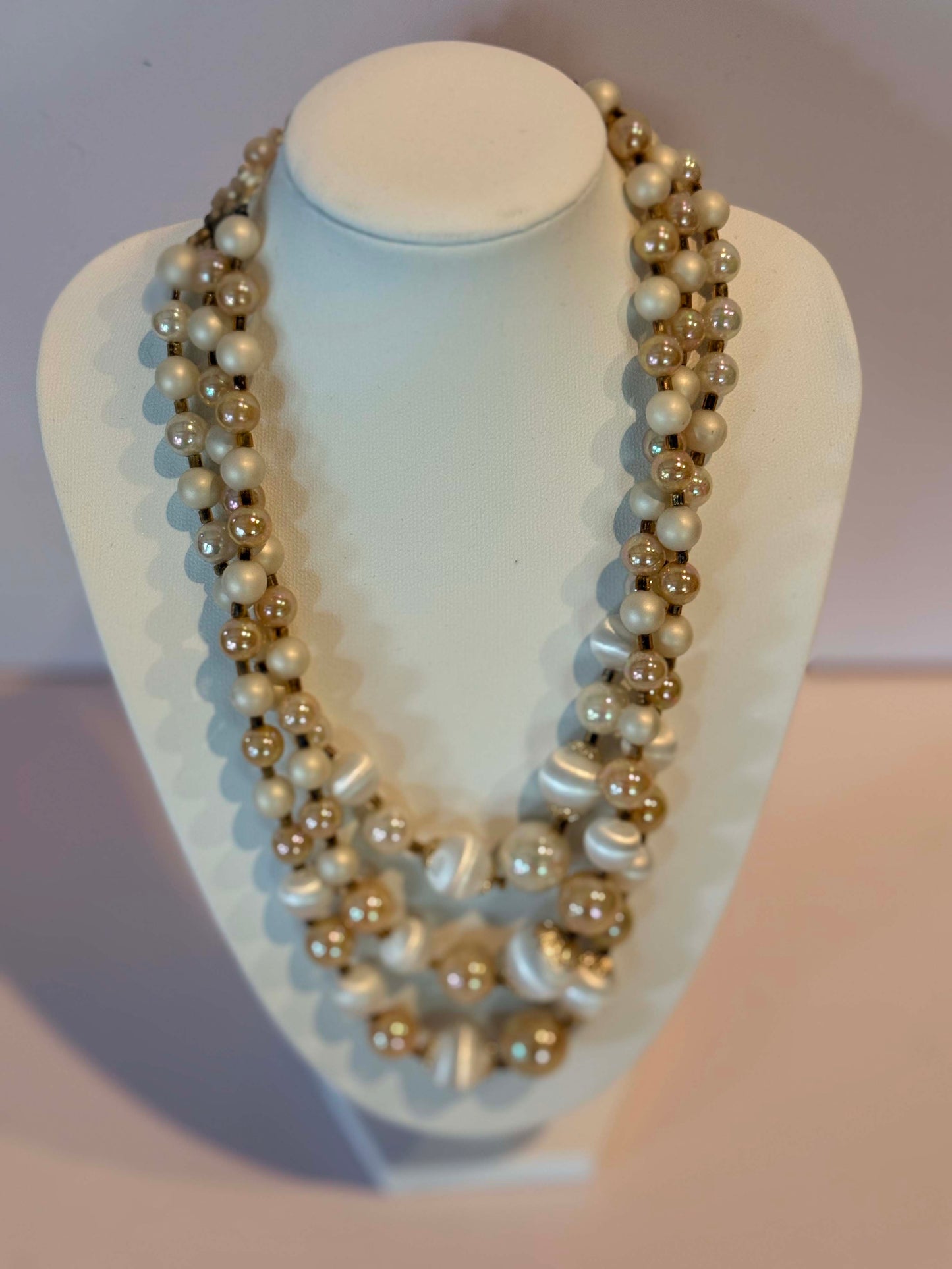 Vintage Triple Strand Faux Pearl Necklace, Ivory and Champagne Bead Necklace, Mid Century Statement Jewelry, Elegant Wedding Necklace