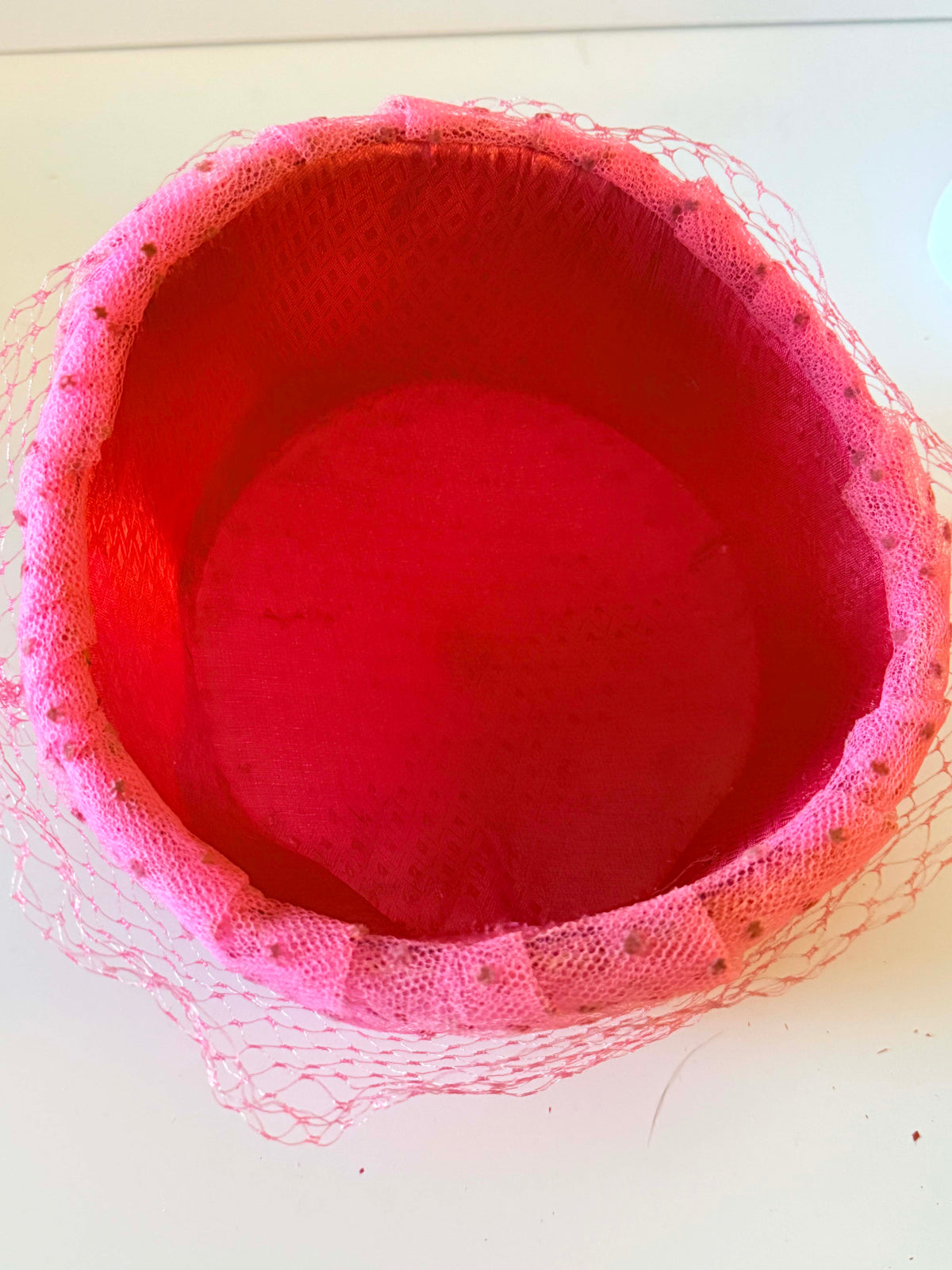 Vintage 1960s Pink Pillbox Hat with Birdcage Veil Pearl Accents Textured Lace Wedding Cocktail Church Hat