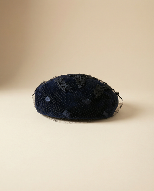 Vintage Wool Angora Beret with Lace Appliqués and Net Veil – Classic Elegant Hat