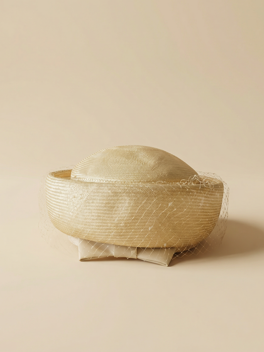 1950s–1960s Elise-Lou Vintage Butter Yellow Straw Hat with Net Veil – Mid-Century Elegance