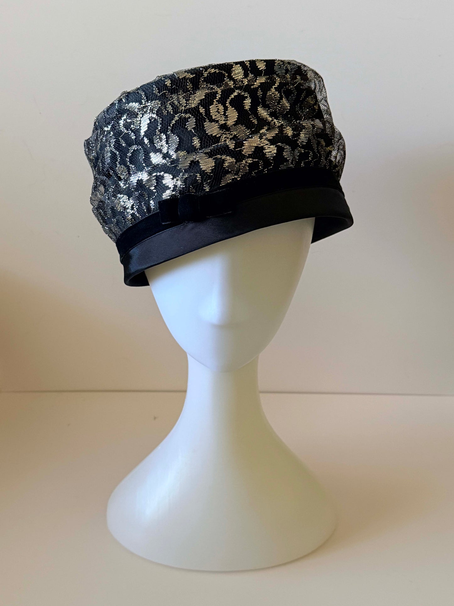 1950s Mr John Classic Black and Silver Lace Pillbox Hat – Mid Century Formal Occasion Hat