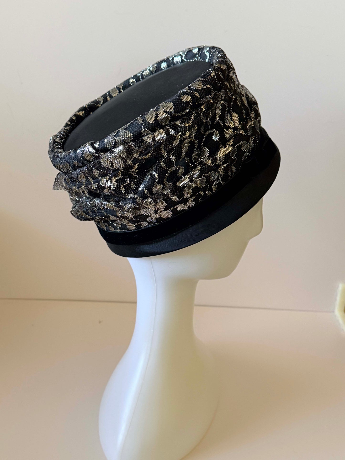 1950s Mr John Classic Black and Silver Lace Pillbox Hat – Mid Century Formal Occasion Hat