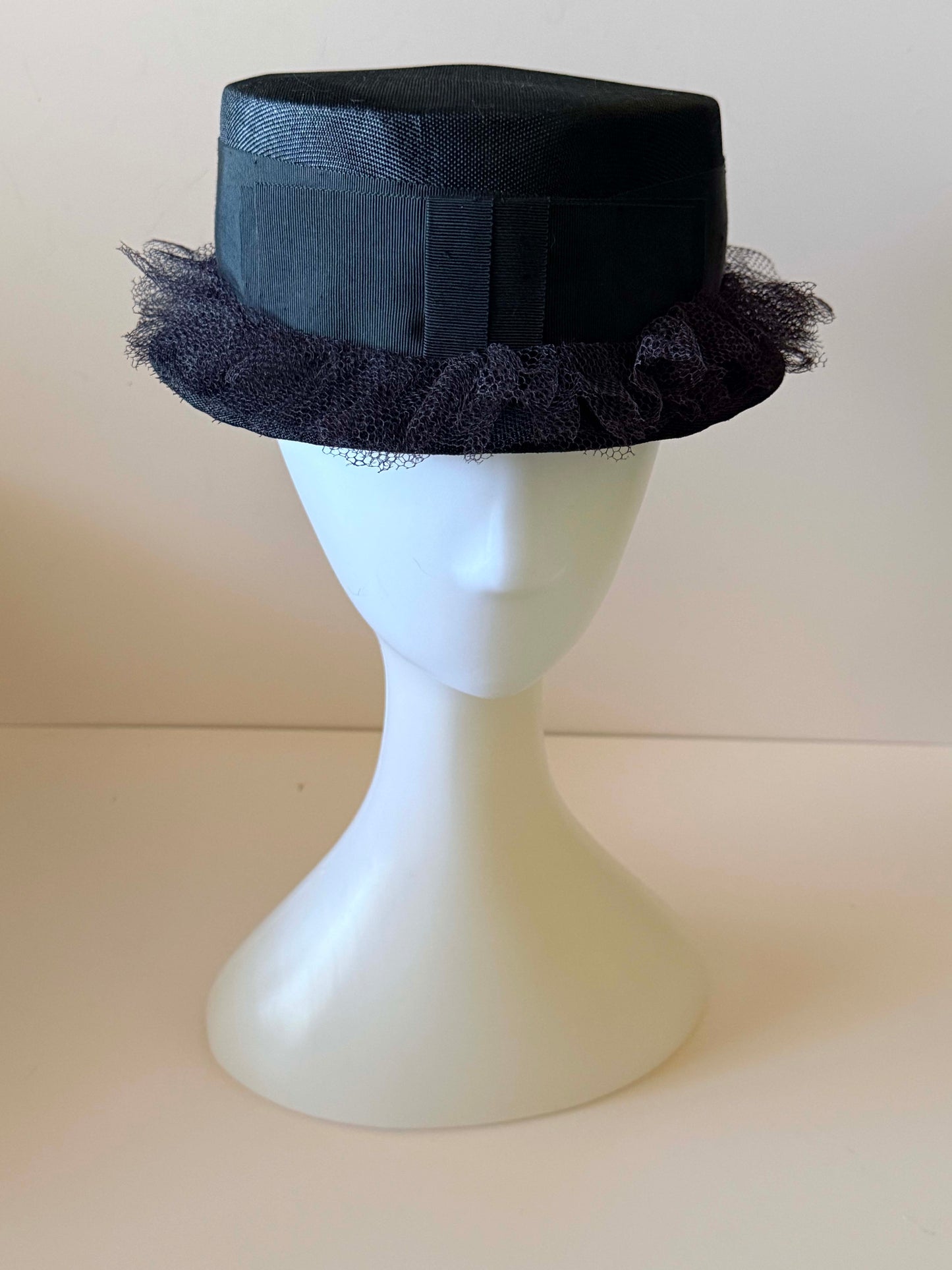 Vintage Black Straw Boater Hat with Net Trim by Clover Lane – Classic Formal Ribbon Band Hat