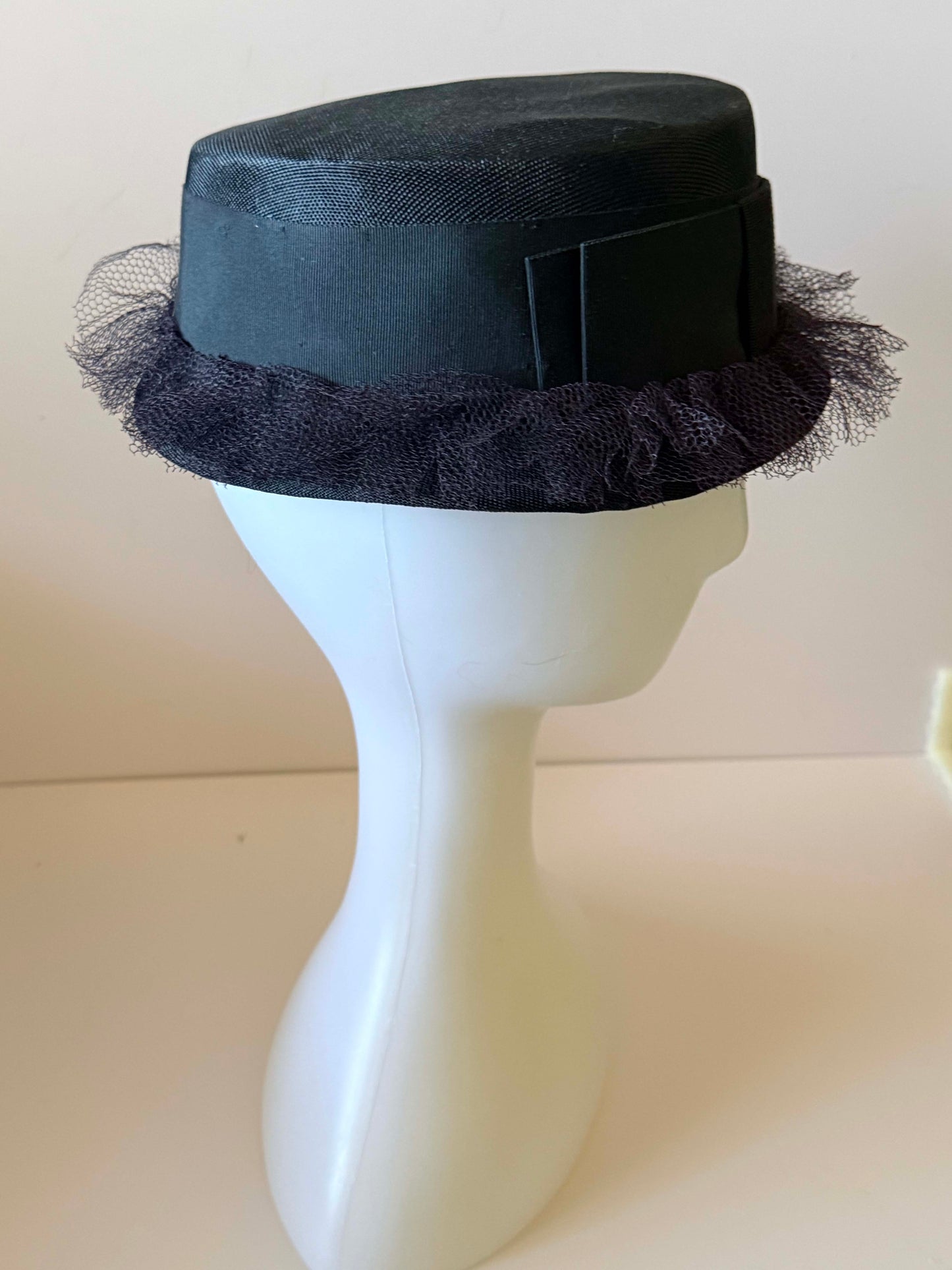 Vintage Black Straw Boater Hat with Net Trim by Clover Lane – Classic Formal Ribbon Band Hat