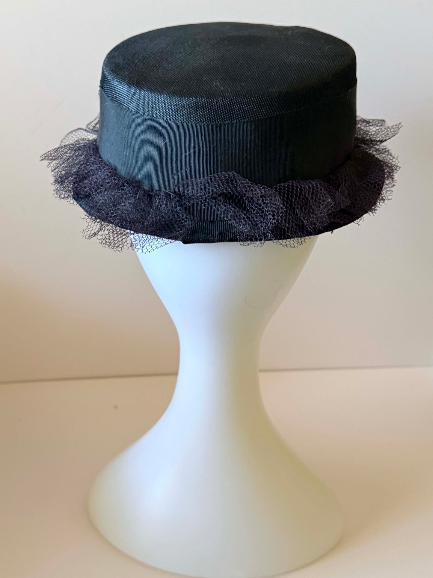 Vintage Black Straw Boater Hat with Net Trim by Clover Lane – Classic Formal Ribbon Band Hat