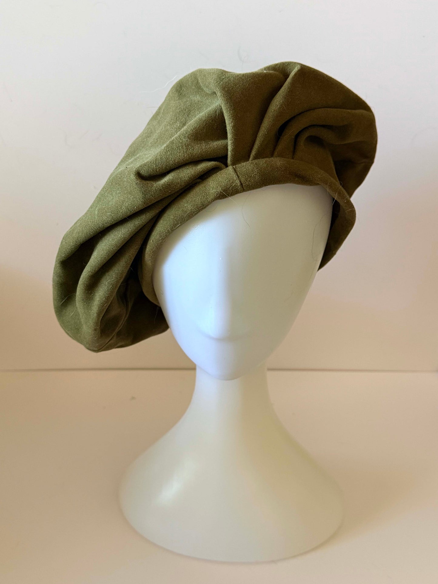 1960s–1970s Olive Green Faux Suede Velvet Oversized Beret | Vintage French-Inspired Hat