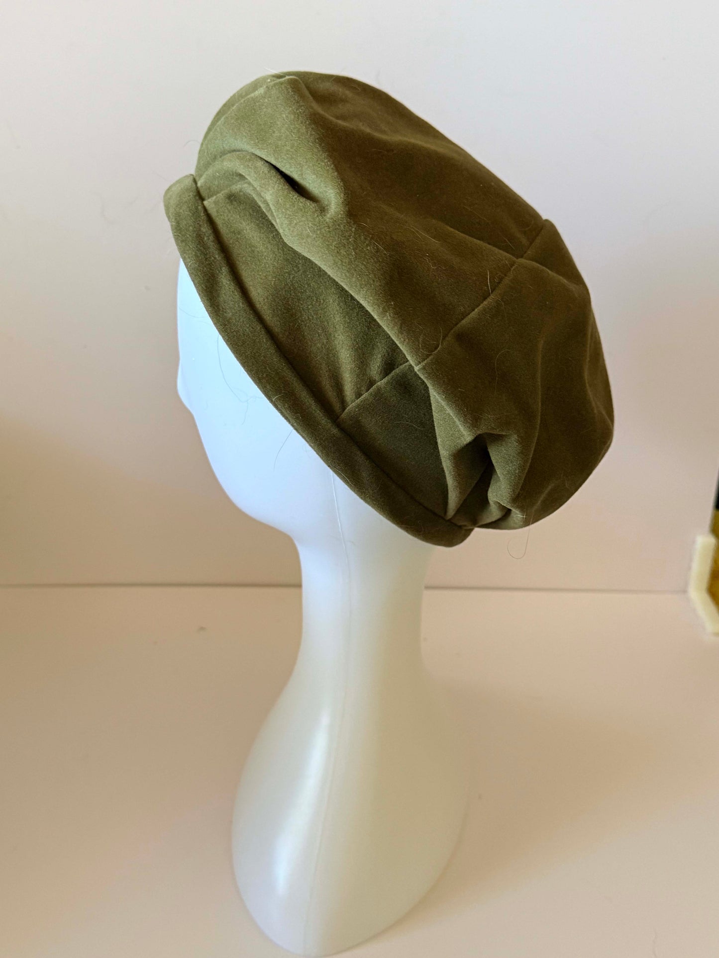 1960s–1970s Olive Green Faux Suede Velvet Oversized Beret | Vintage French-Inspired Hat