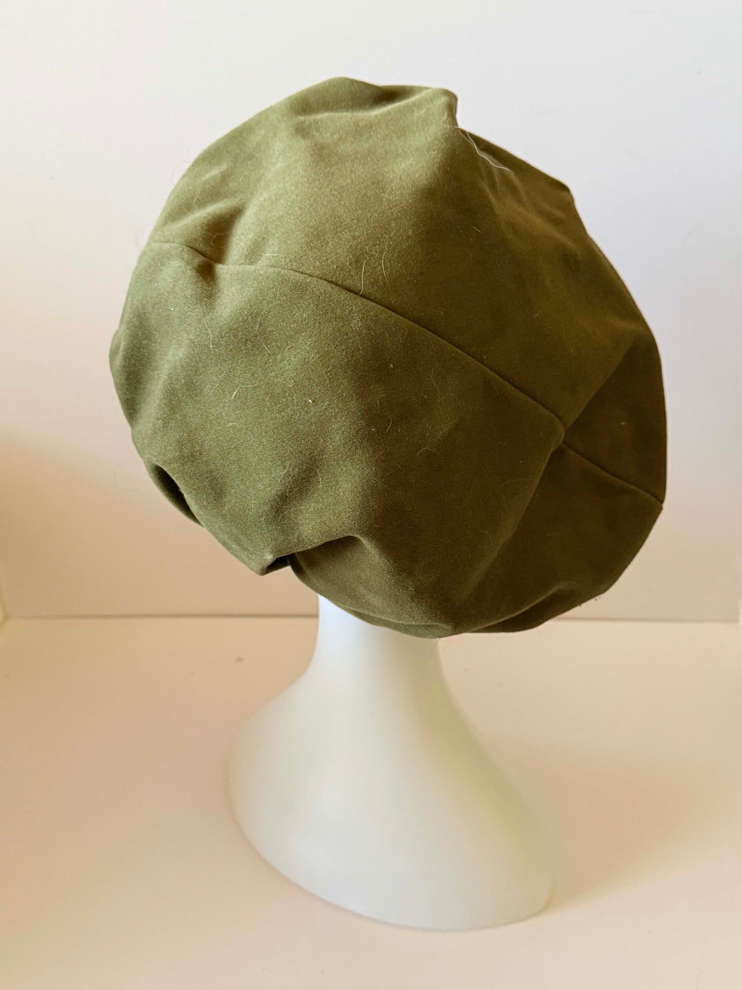 1960s–1970s Olive Green Faux Suede Velvet Oversized Beret | Vintage French-Inspired Hat