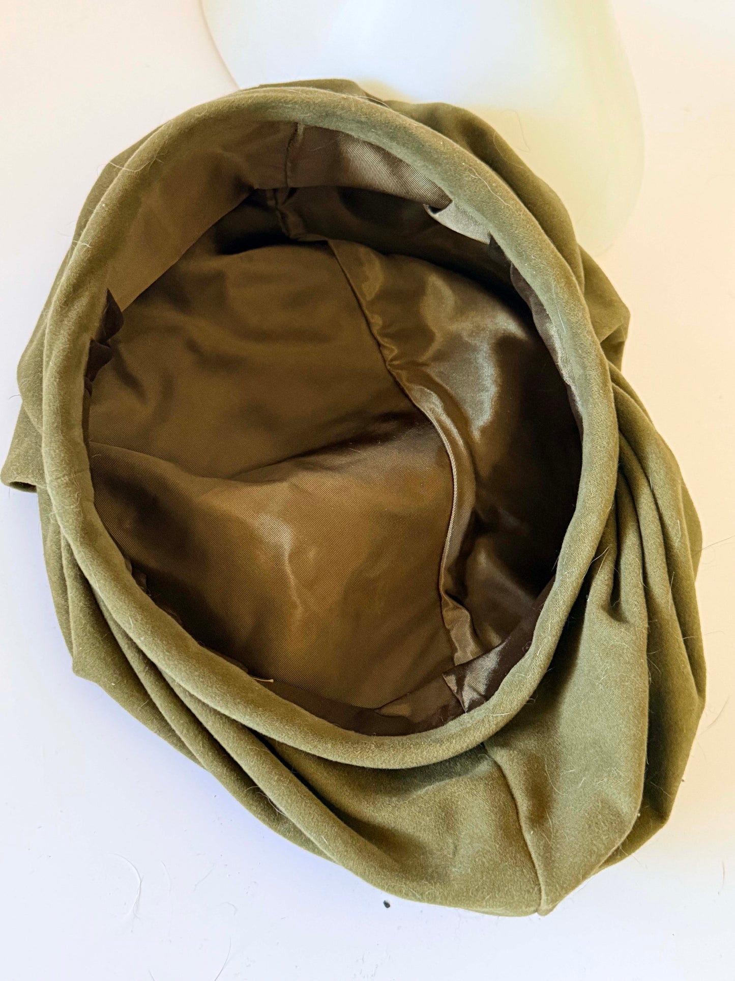 1960s–1970s Olive Green Faux Suede Velvet Oversized Beret | Vintage French-Inspired Hat