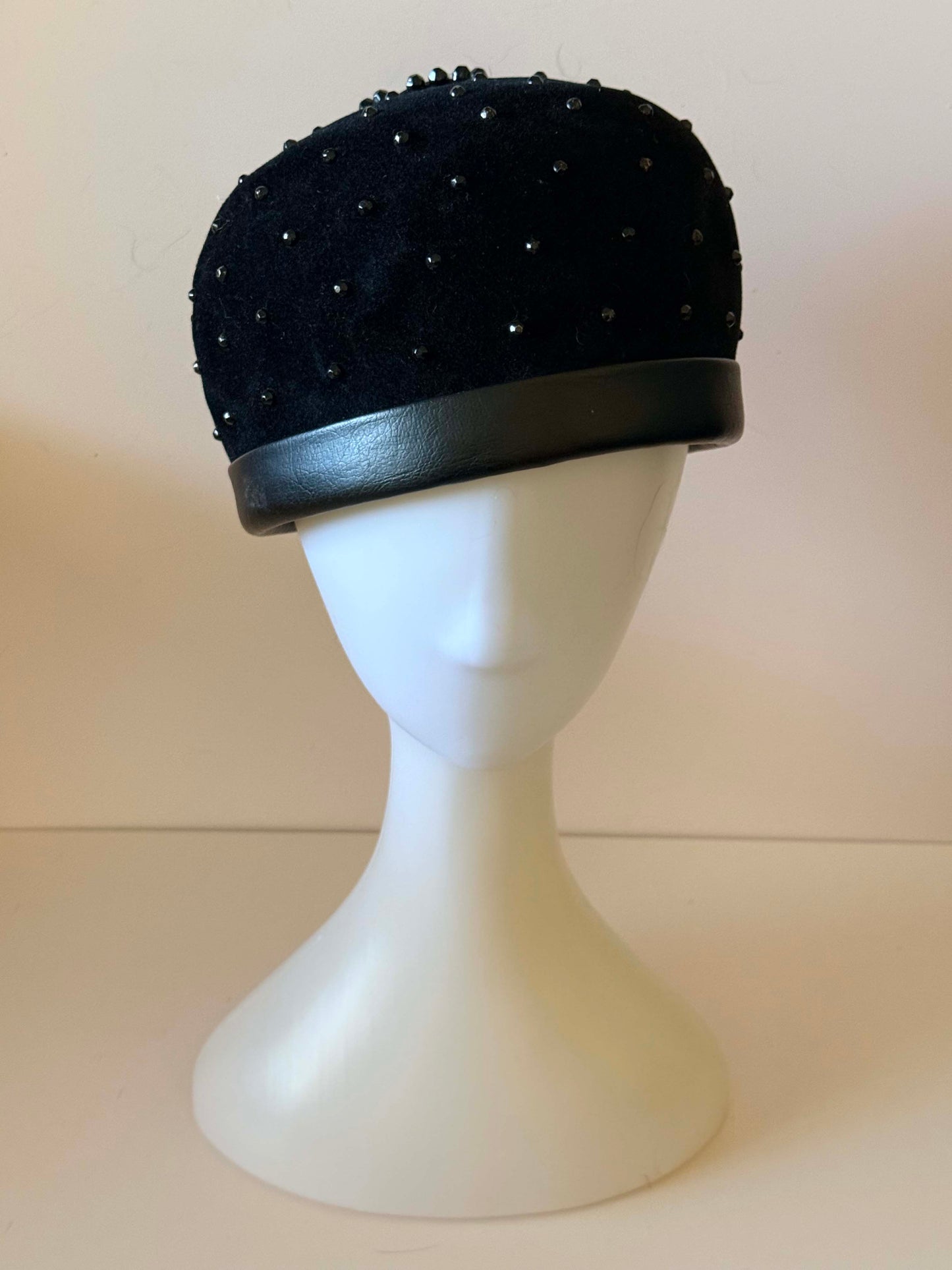 1950s - 1960’s Vintage Mateldi Exclusive Black Velvet Toque Hat – Beaded Mid Century Evening Hat