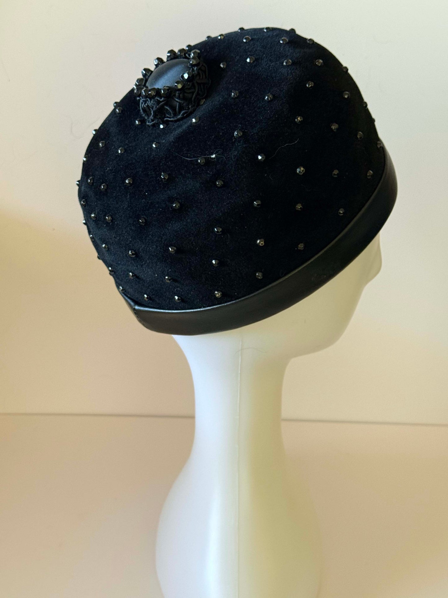 1950s - 1960’s Vintage Mateldi Exclusive Black Velvet Toque Hat – Beaded Mid Century Evening Hat