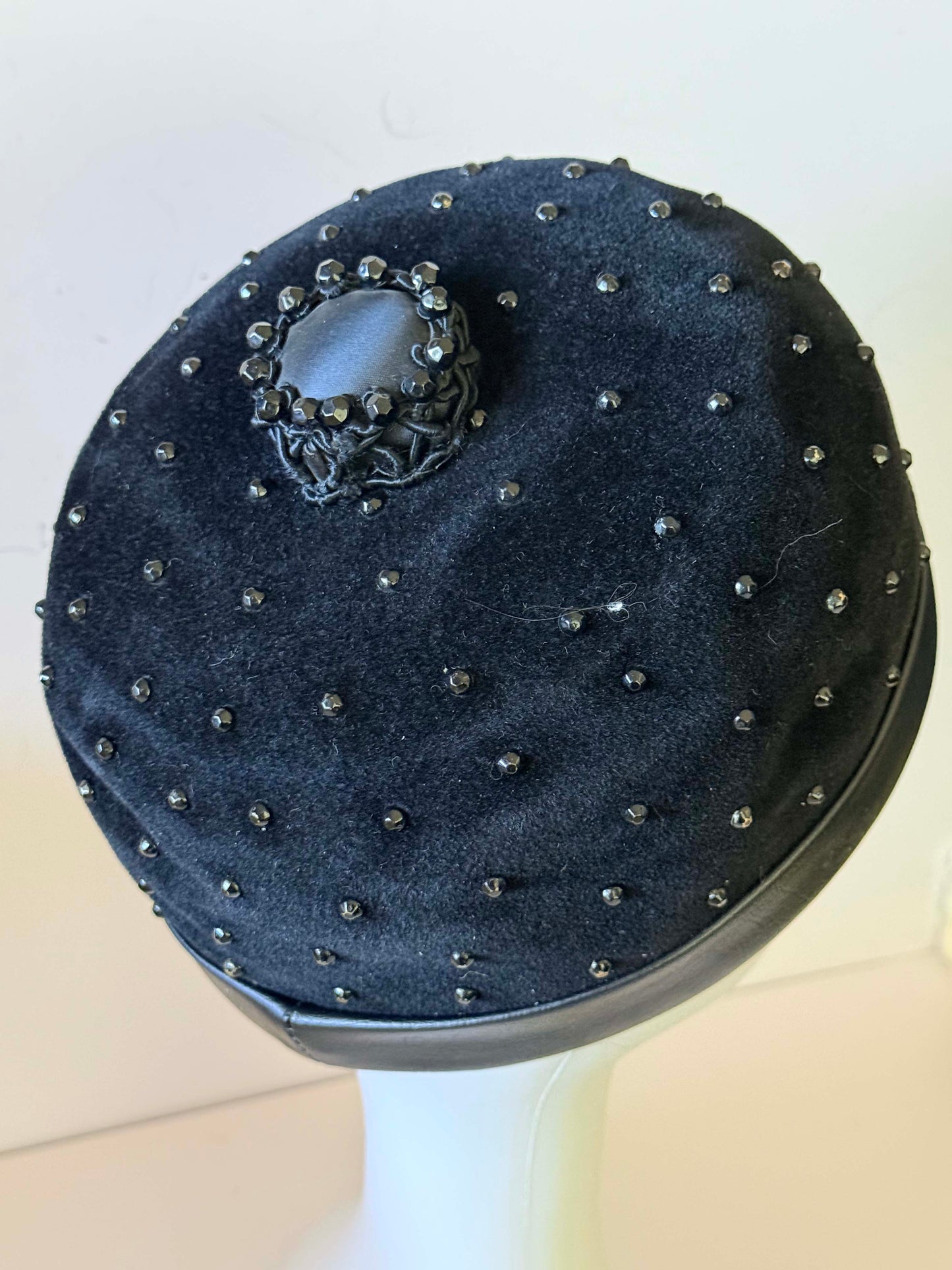1950s - 1960’s Vintage Mateldi Exclusive Black Velvet Toque Hat – Beaded Mid Century Evening Hat