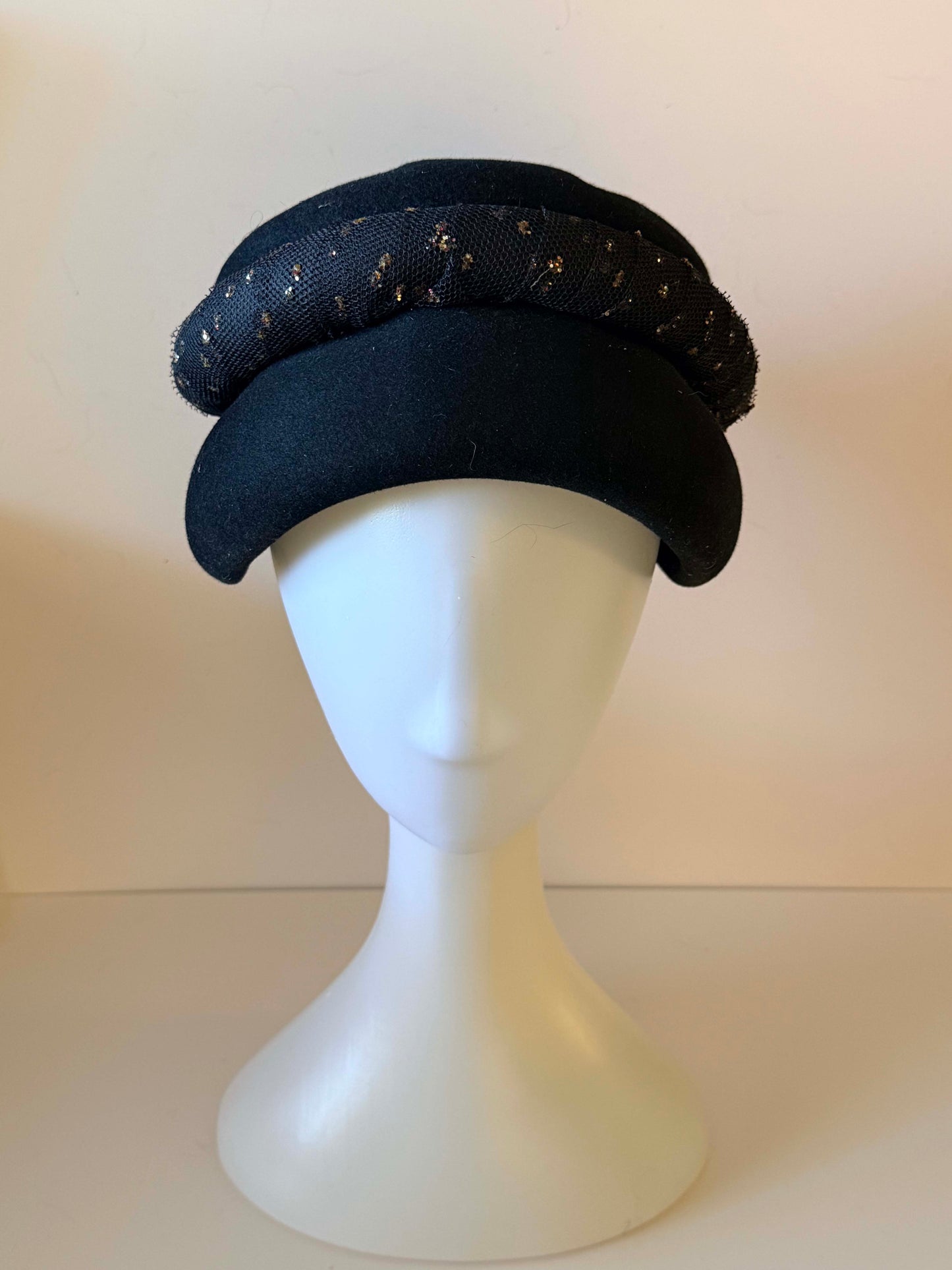 1960s Adolpho II Admiration - New York Paris - Black Felt  Vintage Hat with Metallic Gold Accented Band | Vintage Mod Hat