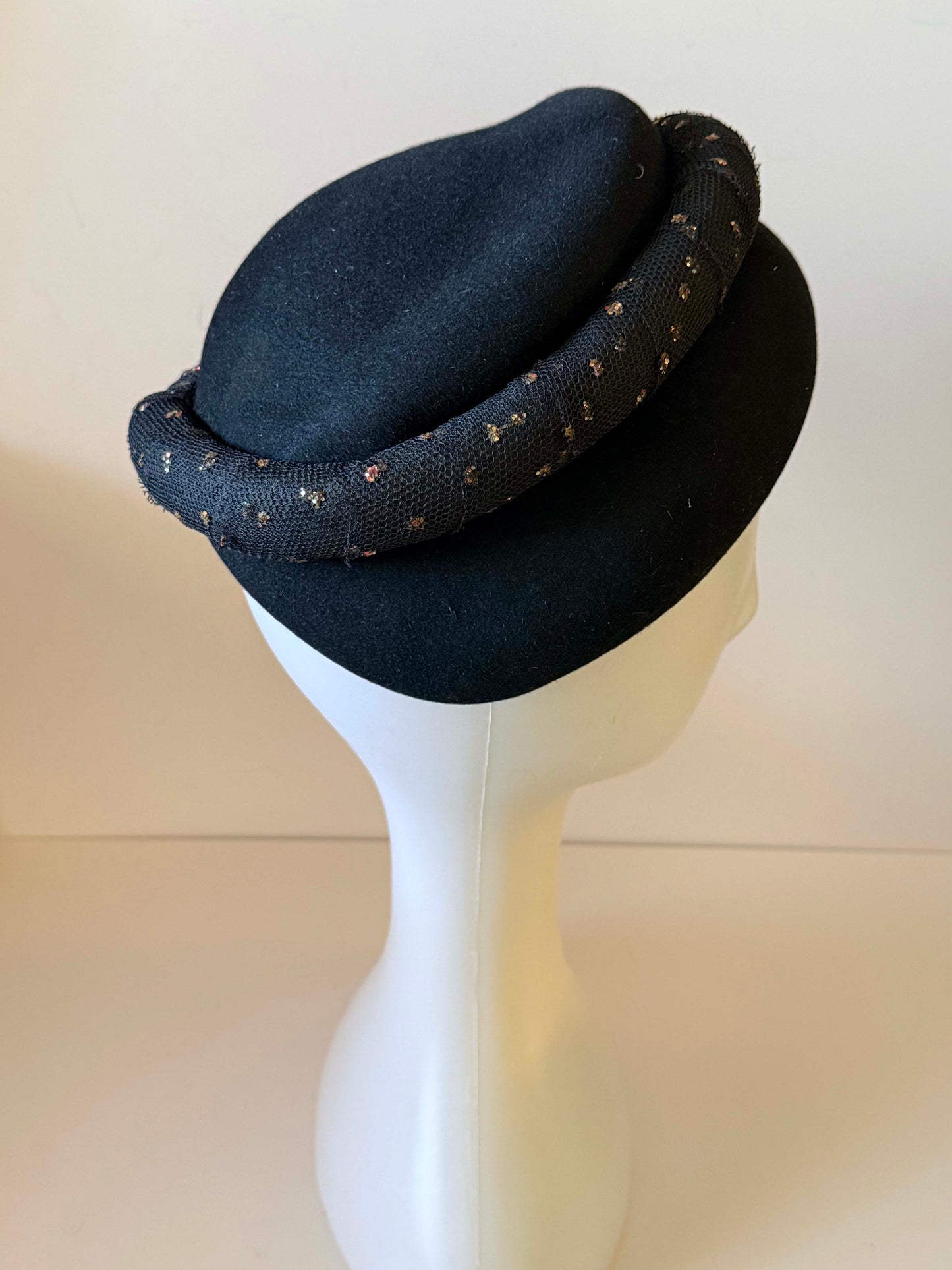 1960s Adolpho II Admiration - New York Paris - Black Felt  Vintage Hat with Metallic Gold Accented Band | Vintage Mod Hat