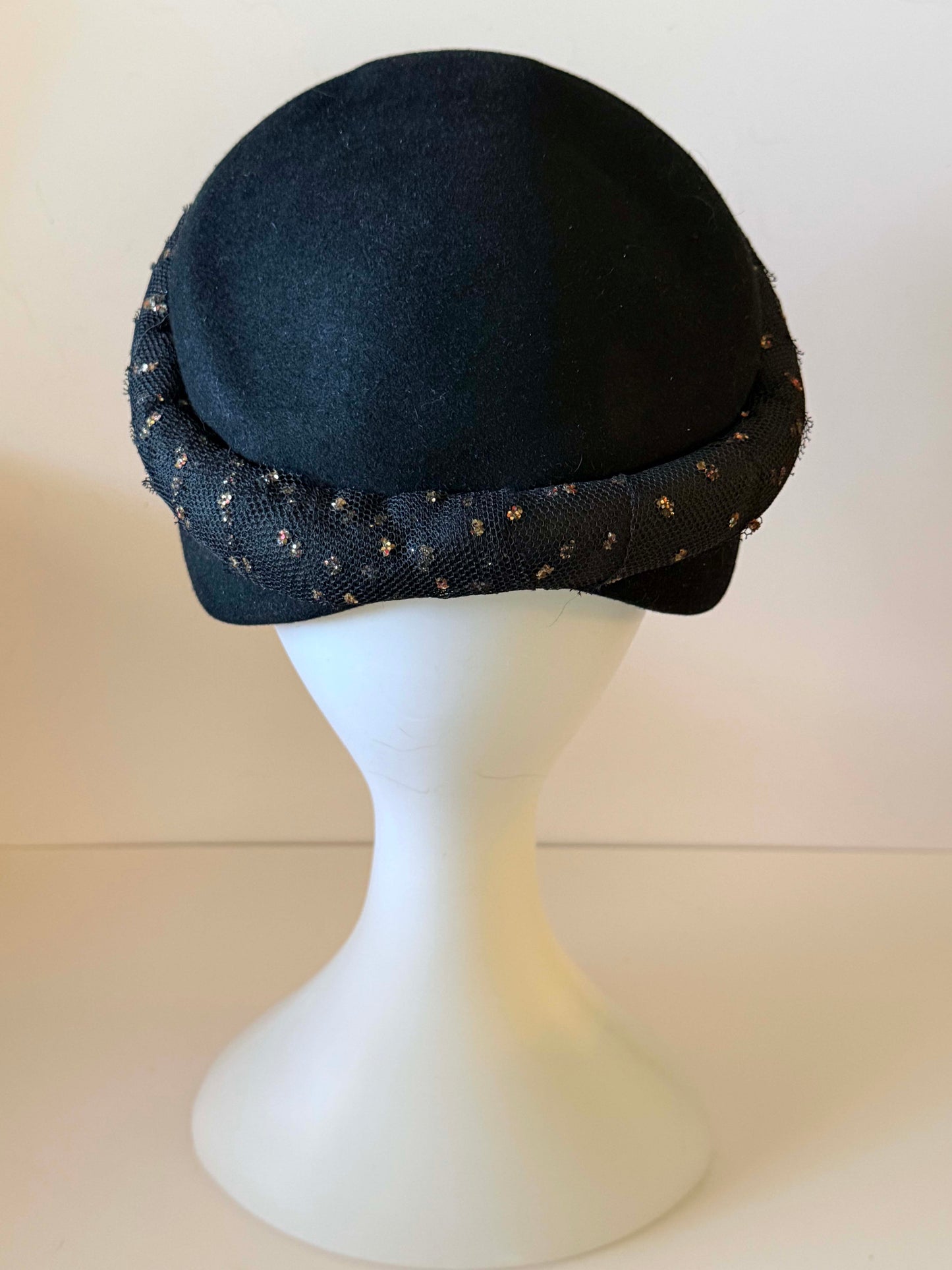 1960s Adolpho II Admiration - New York Paris - Black Felt  Vintage Hat with Metallic Gold Accented Band | Vintage Mod Hat