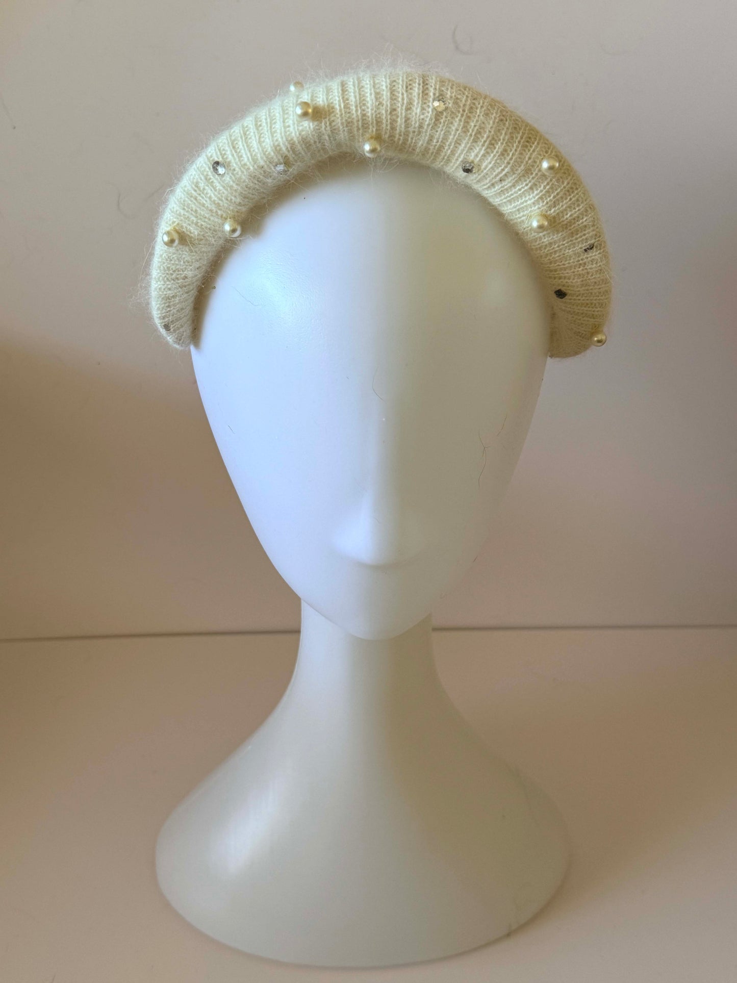 1930s–1960s Ivory Angora Fascinator Hat with Pearls and Rhinestones | Vintage Bride Winter Wedding Hat