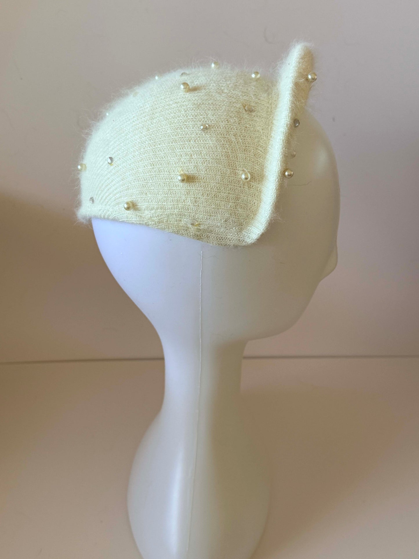 1930s–1960s Ivory Angora Fascinator Hat with Pearls and Rhinestones | Vintage Bride Winter Wedding Hat