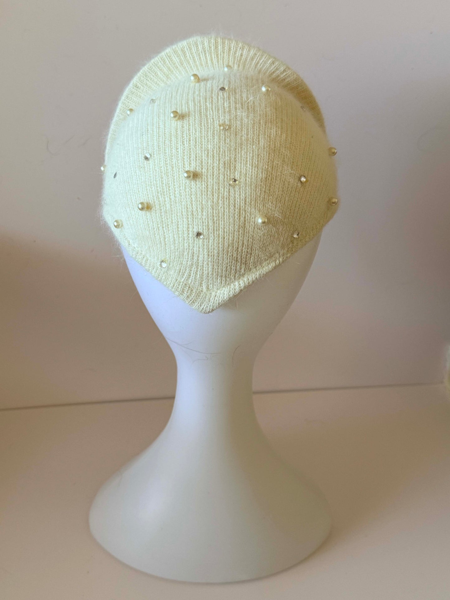 1930s–1960s Ivory Angora Fascinator Hat with Pearls and Rhinestones | Vintage Bride Winter Wedding Hat