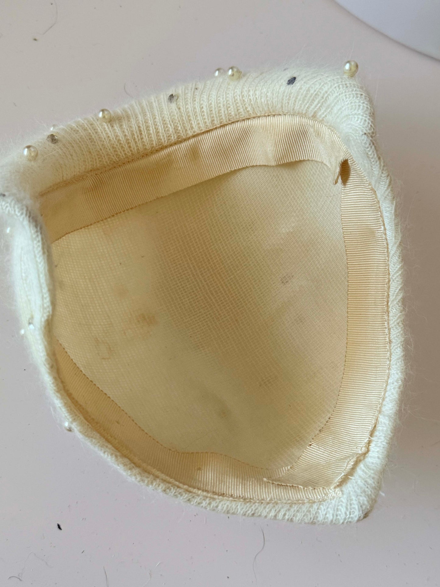 1930s–1960s Ivory Angora Fascinator Hat with Pearls and Rhinestones | Vintage Bride Winter Wedding Hat