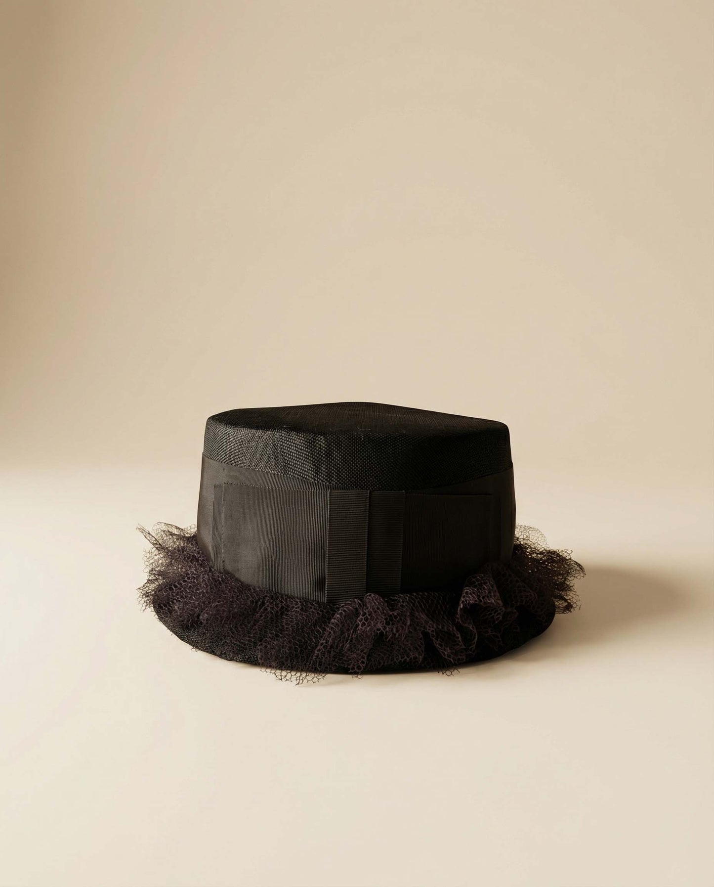 Vintage Black Straw Boater Hat with Net Trim by Clover Lane – Classic Formal Ribbon Band Hat
