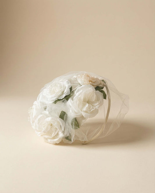 Vintage 1920s - 1950s Ivory Silk Flower Wedding Hat with Net Veil – Bridal Fascinator Headband