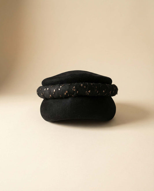 1960s Adolpho II Admiration - New York Paris - Black Felt  Vintage Hat with Metallic Gold Accented Band | Vintage Mod Hat