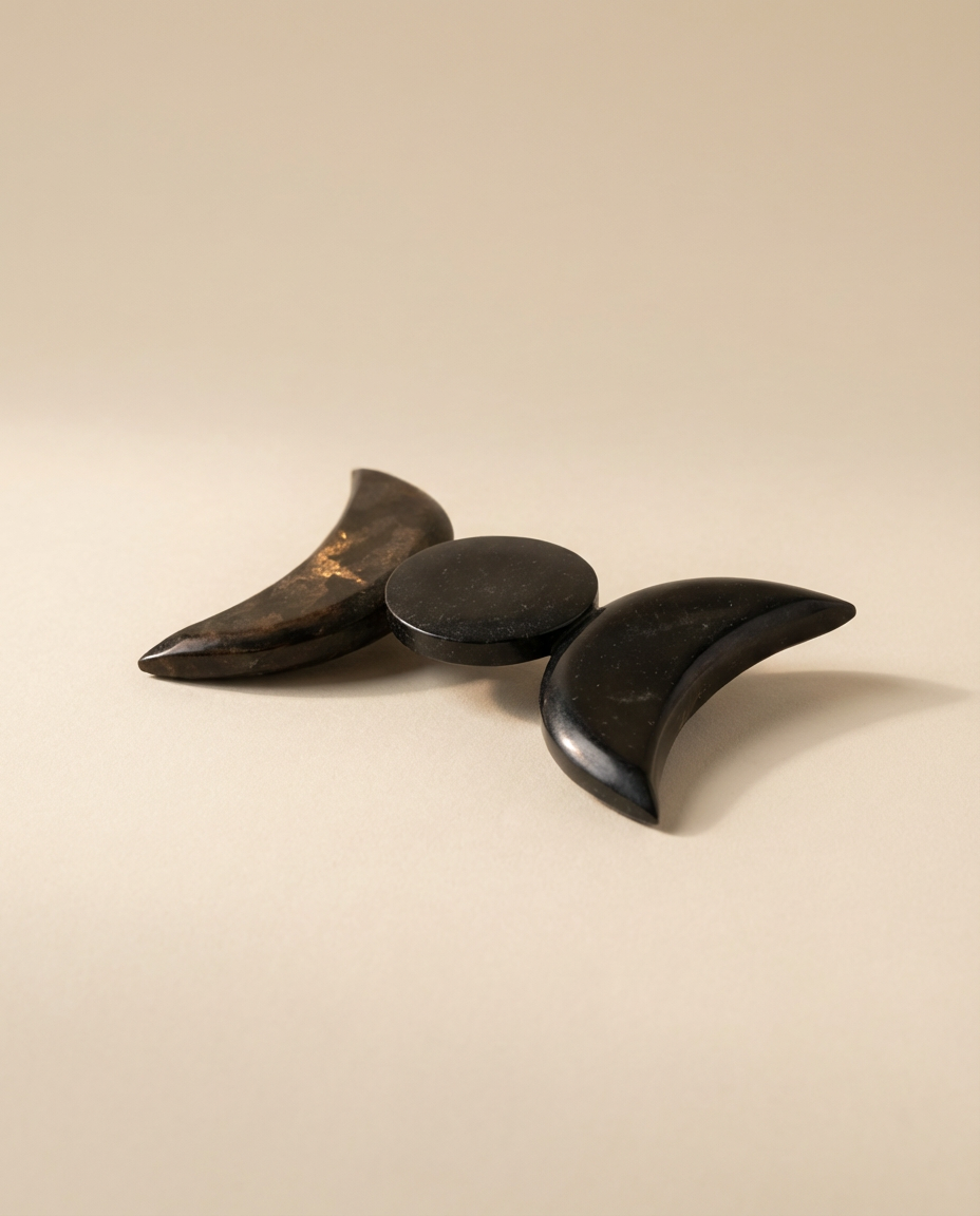1940s–1950s Vintage Black Bakelite Belt Buckle – Sculptural Crescent & Disc Art Deco Revival Clasp