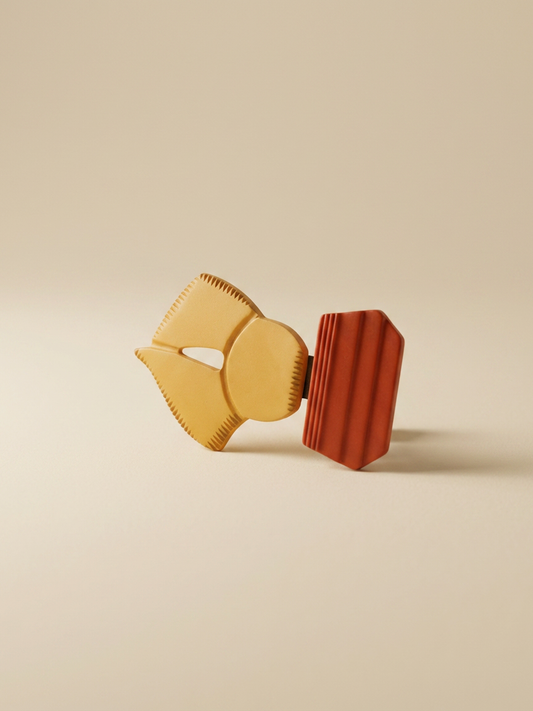 Vintage Art Deco Celluloid Belt Buckle – Asymmetrical Carved Butterscotch & Red Bakelite Style Buckle – 1930s Statement Piece