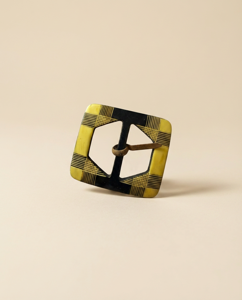 Vintage Art Deco Bakelite Belt Buckle – Yellow & Black Plaid Carved Buckle – 1930s Geometric Tortoise Style