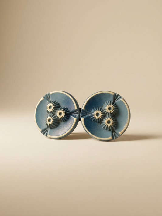 1940s–1950s Vintage Carved Celluloid Belt Buckle – Teal Green Floral Starburst Disc Clasp – Art Deco Revival Statement Accessory