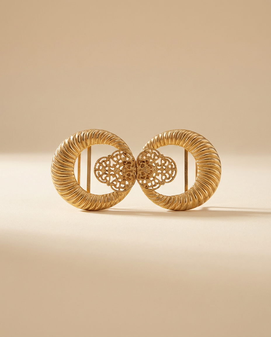 Vintage Gold Tone Double Ring Belt Buckle – Textured Ribbed Oval Buckle with Filigree Center – 1980s Statement Accessory