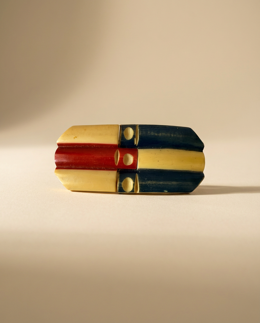 Vintage Art Deco Tricolor Celluloid Belt Buckle – Carved Red Cream Blue Bakelite Style Buckle – 1930s Geometric Statement Piece