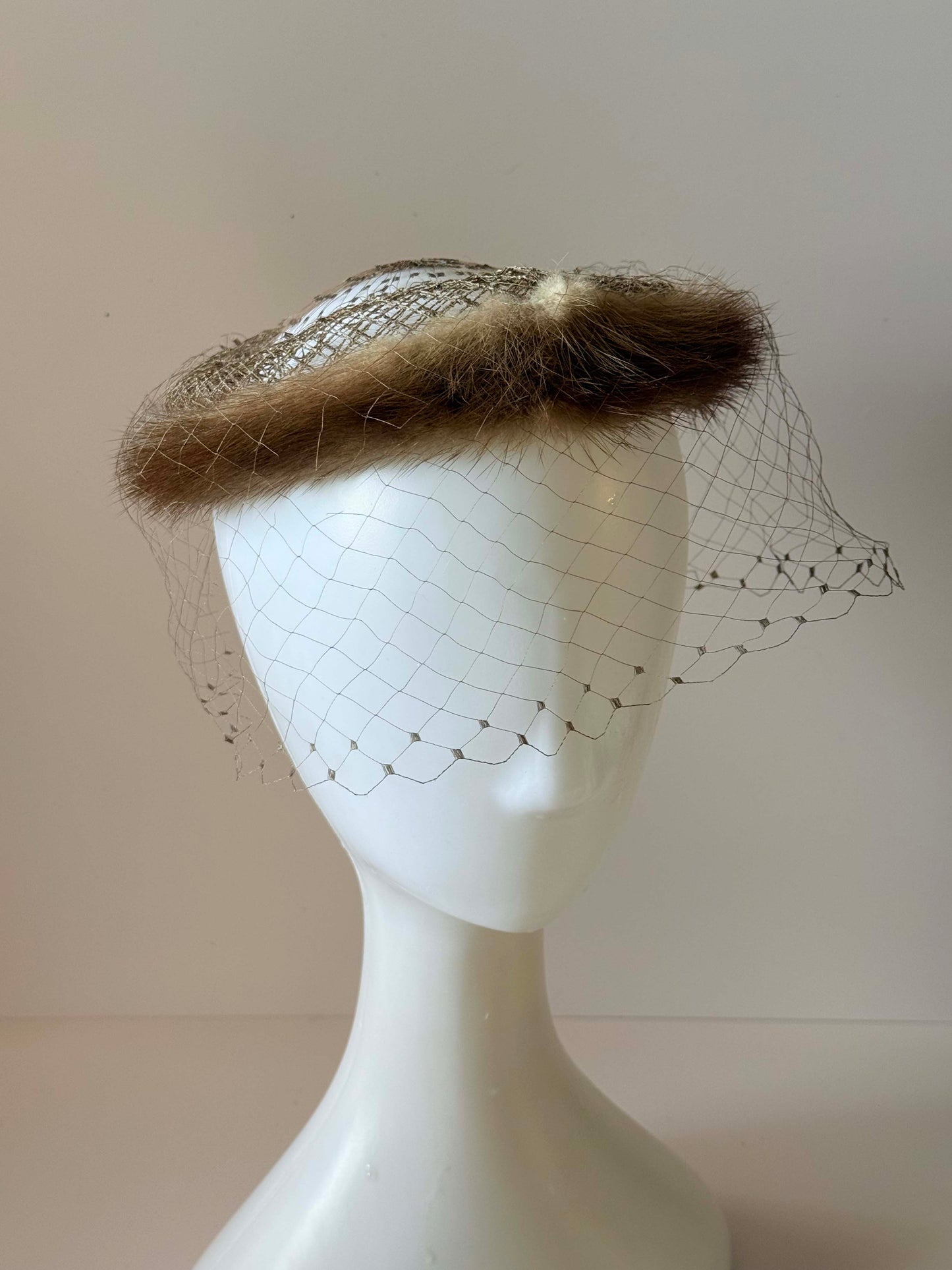 Vintage Mink Fur Halo Hat with Veil | 1950s Cocktail Fascinator | Mid Century Fur Crown Hat with Netting