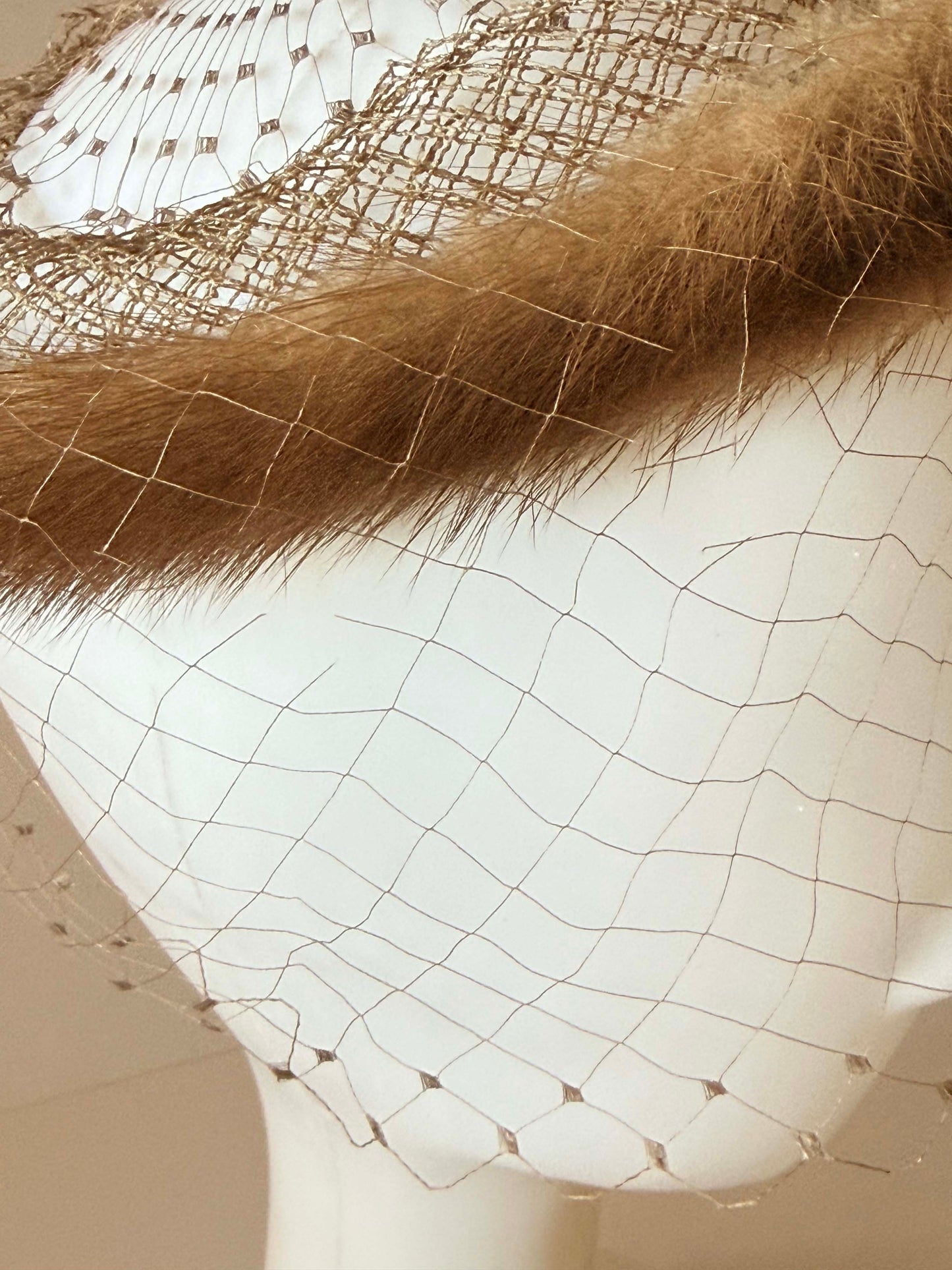 Vintage Mink Fur Halo Hat with Veil | 1950s Cocktail Fascinator | Mid Century Fur Crown Hat with Netting