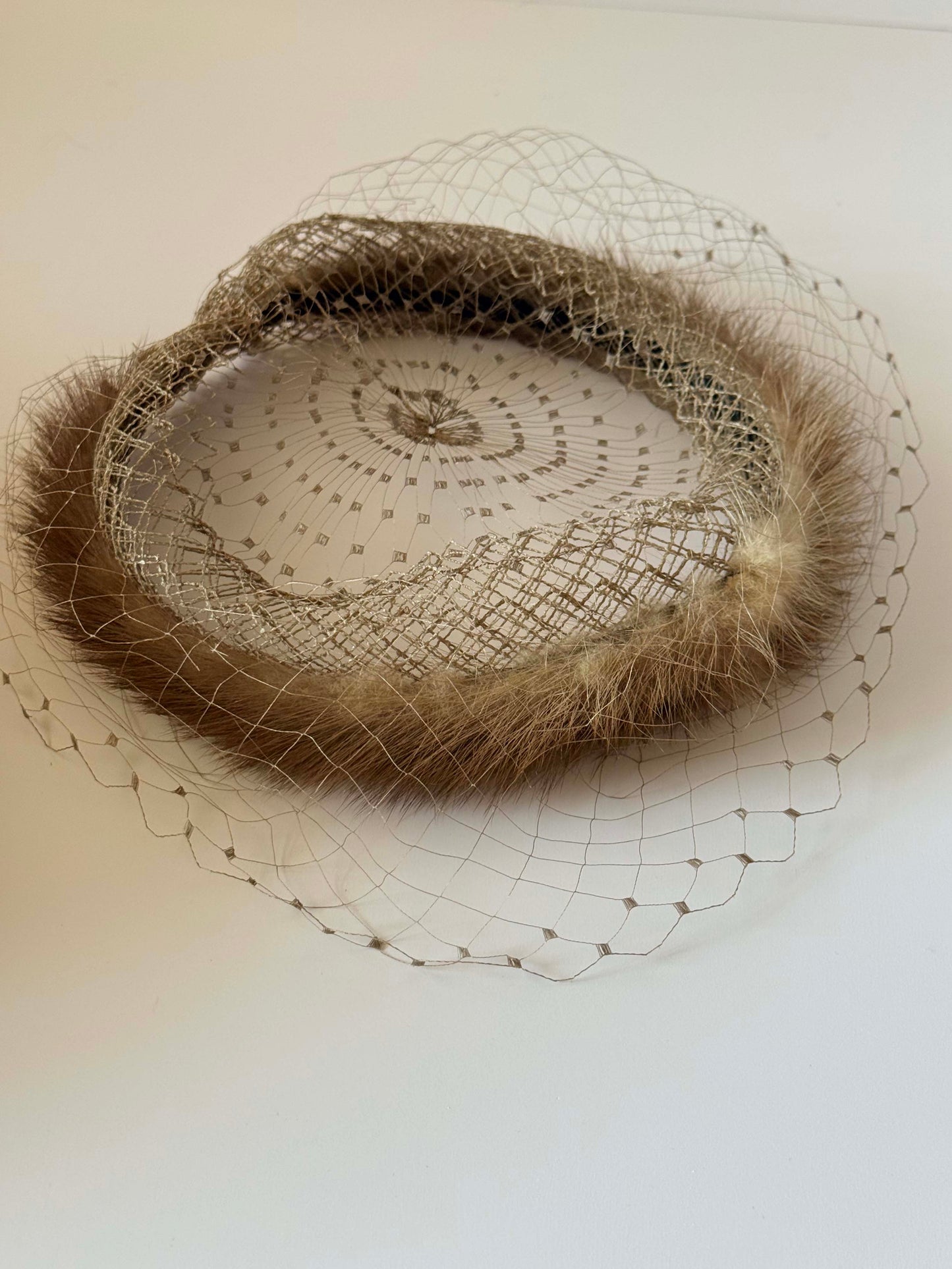 Vintage Mink Fur Halo Hat with Veil | 1950s Cocktail Fascinator | Mid Century Fur Crown Hat with Netting