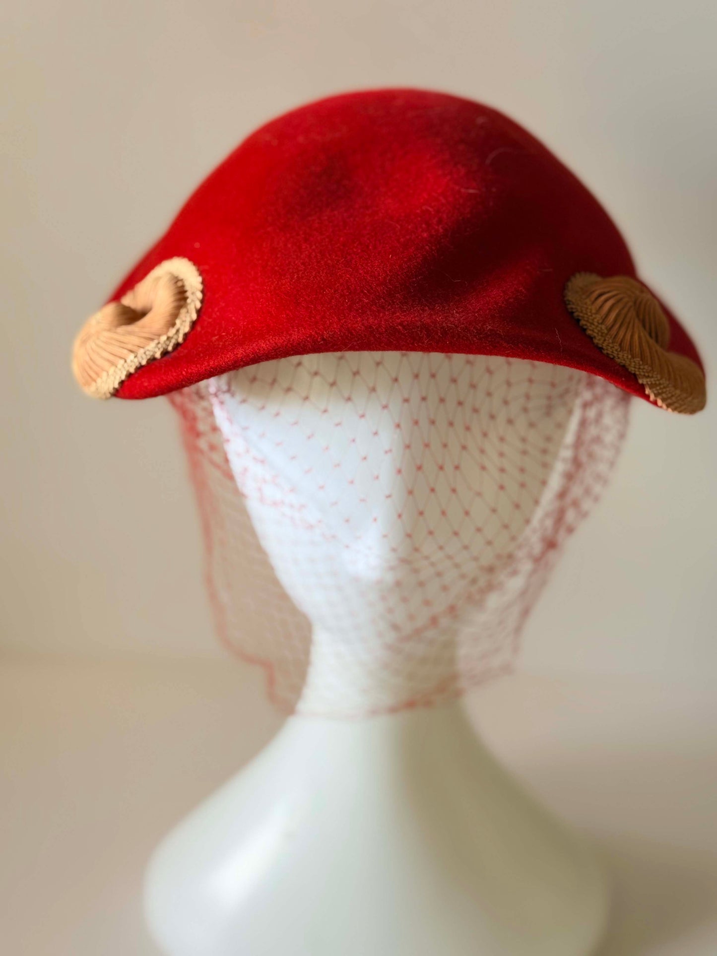 Vintage 1940s Red Tilt Hat with Veil | Sculptural Wool Cocktail Hat | Late 40s Draped Fascinator with Gold Soutache Trim