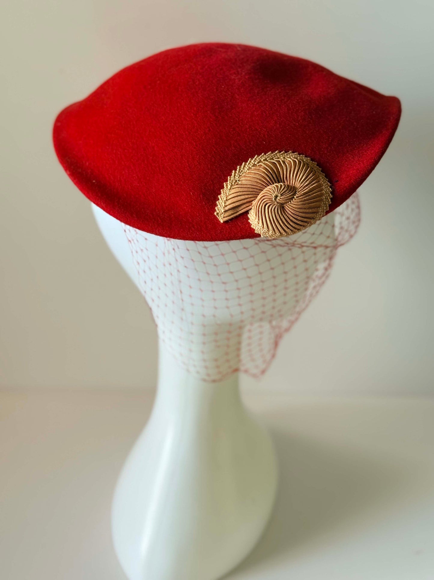 Vintage 1940s Red Tilt Hat with Veil | Sculptural Wool Cocktail Hat | Late 40s Draped Fascinator with Gold Soutache Trim
