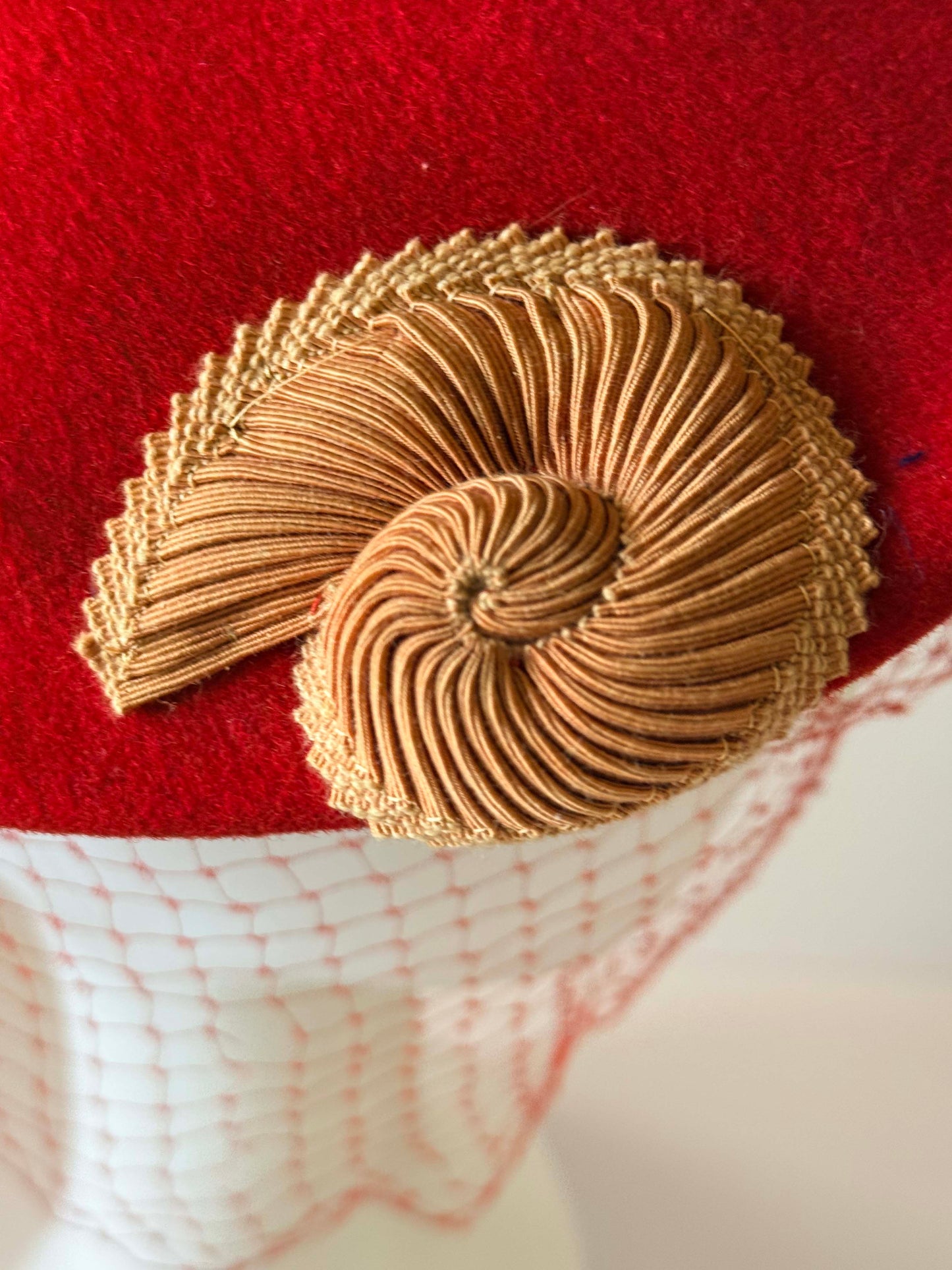 Vintage 1940s Red Tilt Hat with Veil | Sculptural Wool Cocktail Hat | Late 40s Draped Fascinator with Gold Soutache Trim