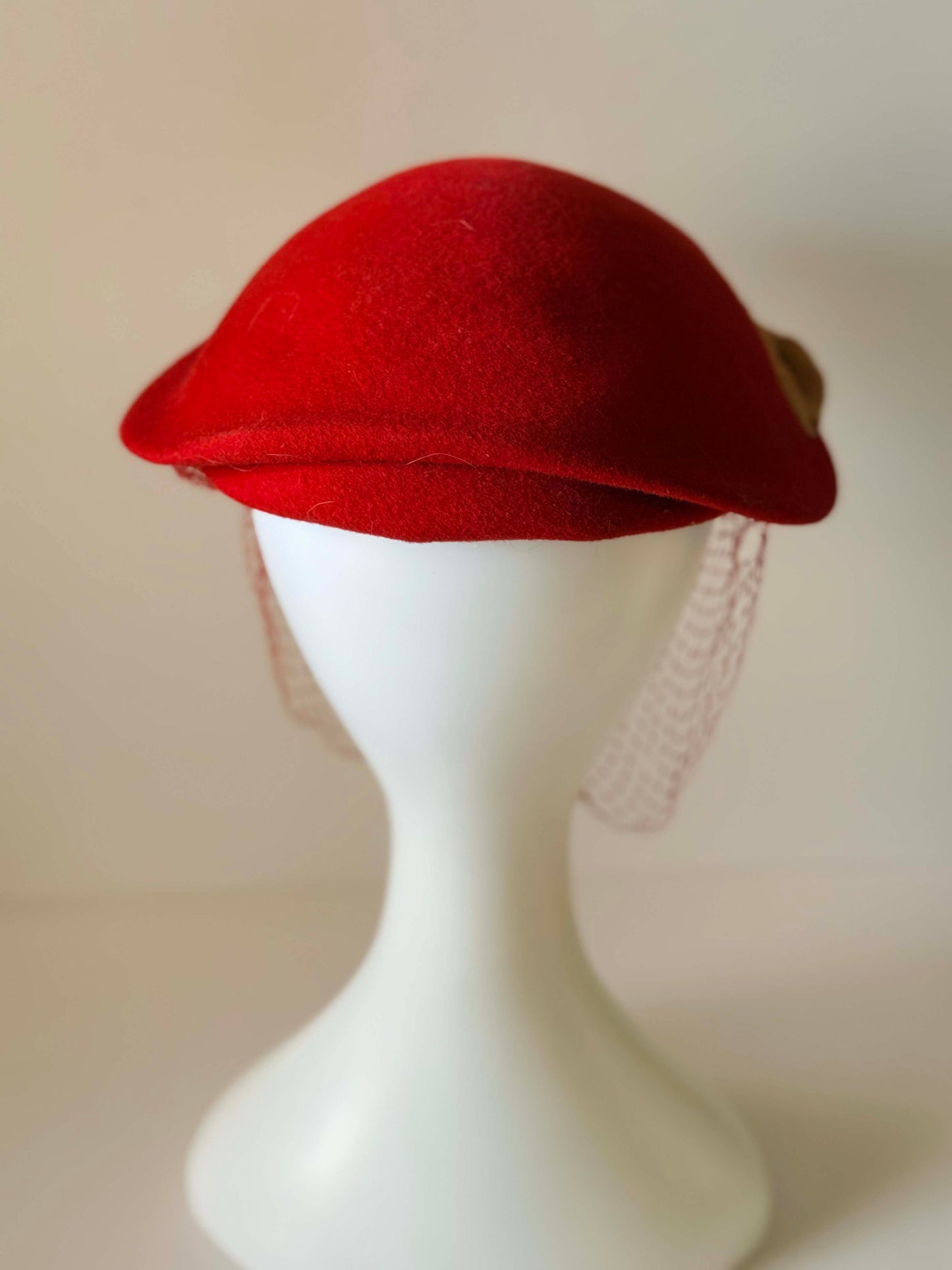 Vintage 1940s Red Tilt Hat with Veil | Sculptural Wool Cocktail Hat | Late 40s Draped Fascinator with Gold Soutache Trim