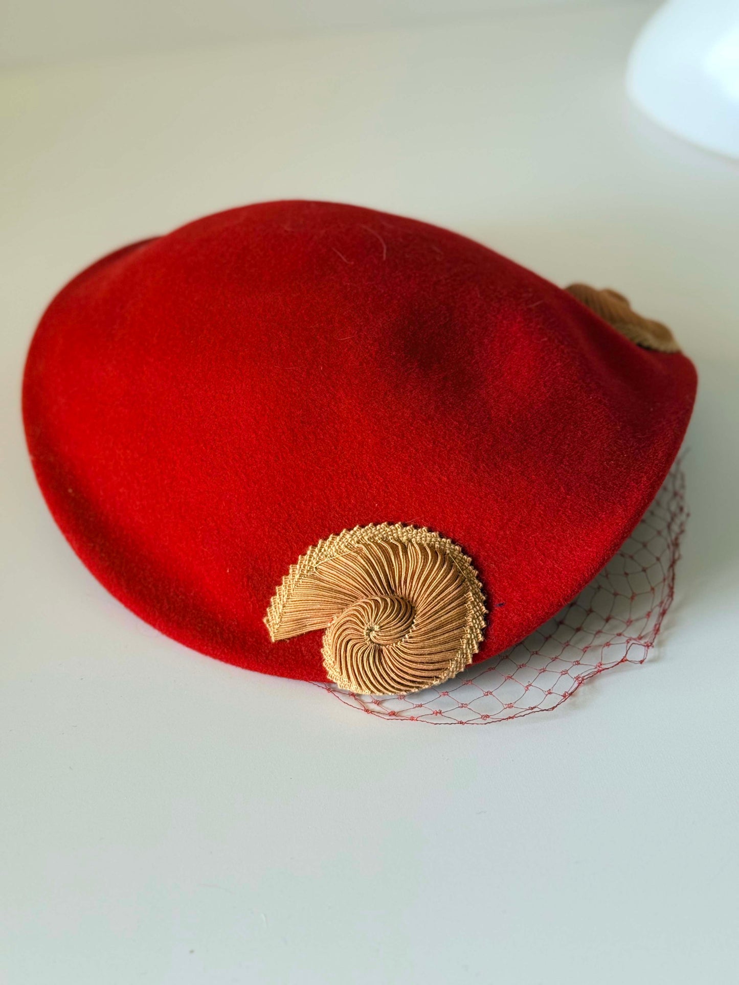Vintage 1940s Red Tilt Hat with Veil | Sculptural Wool Cocktail Hat | Late 40s Draped Fascinator with Gold Soutache Trim