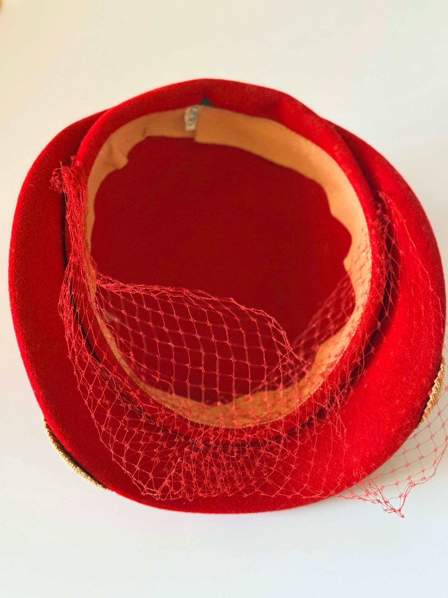 Vintage 1940s Red Tilt Hat with Veil | Sculptural Wool Cocktail Hat | Late 40s Draped Fascinator with Gold Soutache Trim