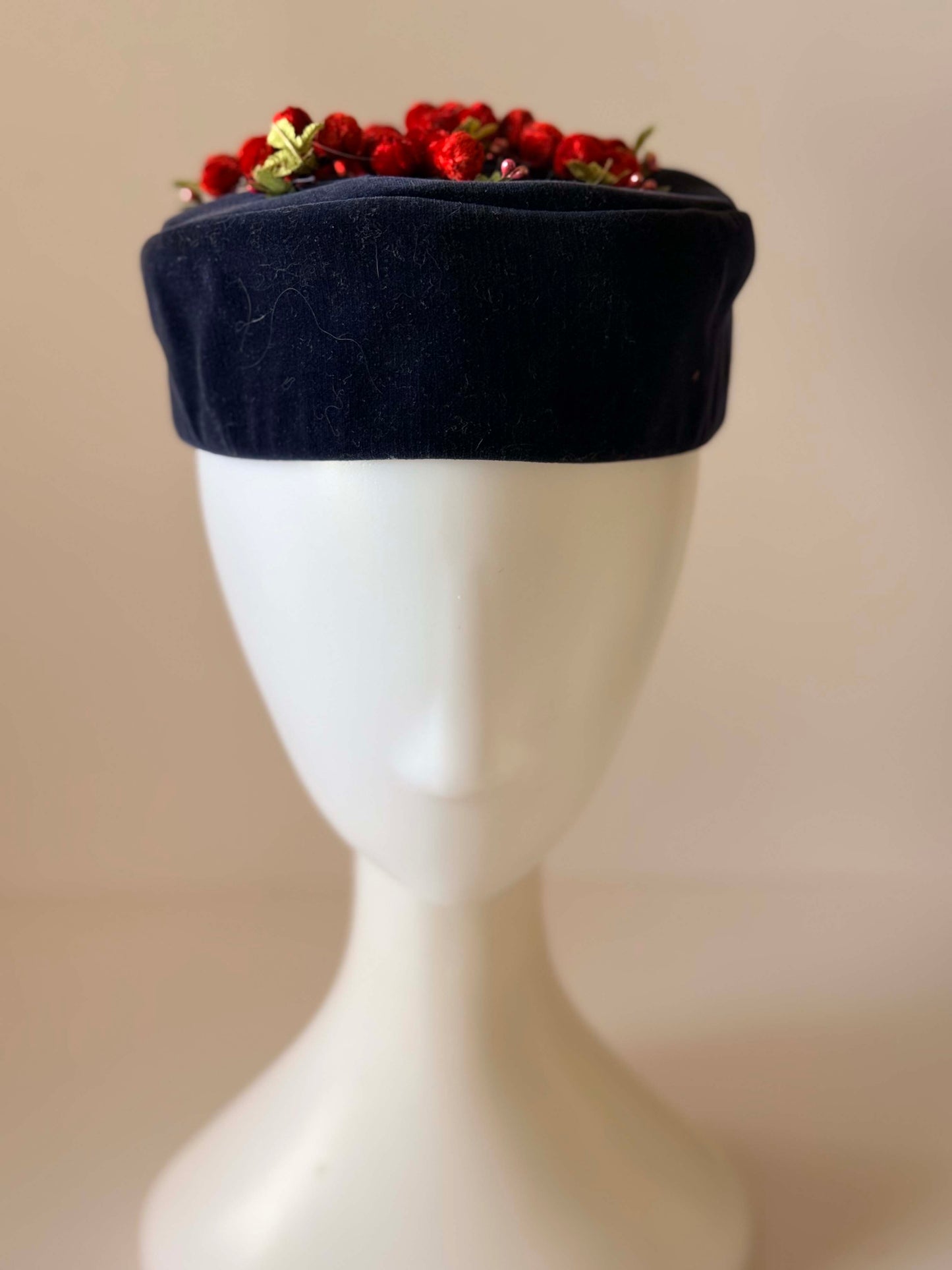 Vintage 1950s Navy Velvet Pillbox Hat | Cherry Red Berry Trim Cocktail Hat | Mid Century Winter Millinery Fascinator
