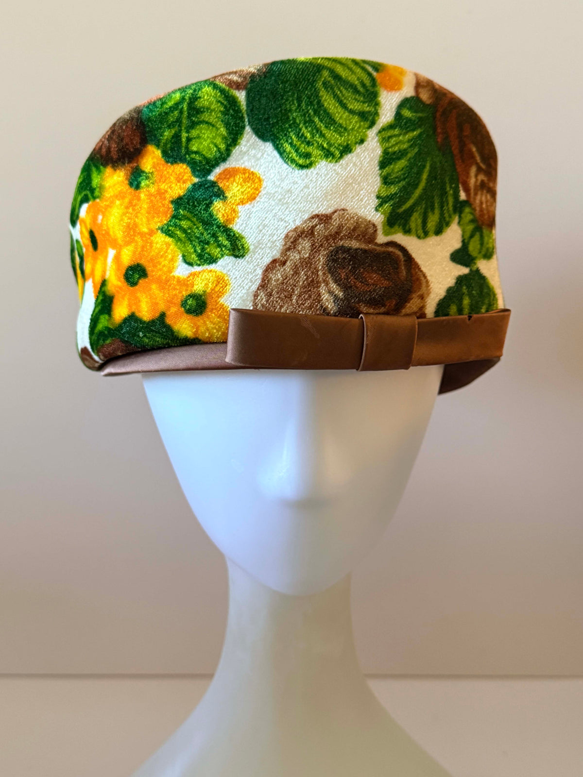 Vintage 1960s Floral Velvet Pillbox Hat Brown Yellow Green Rose Print Mod Retro Satin Bow Women's Mid Century Millinery