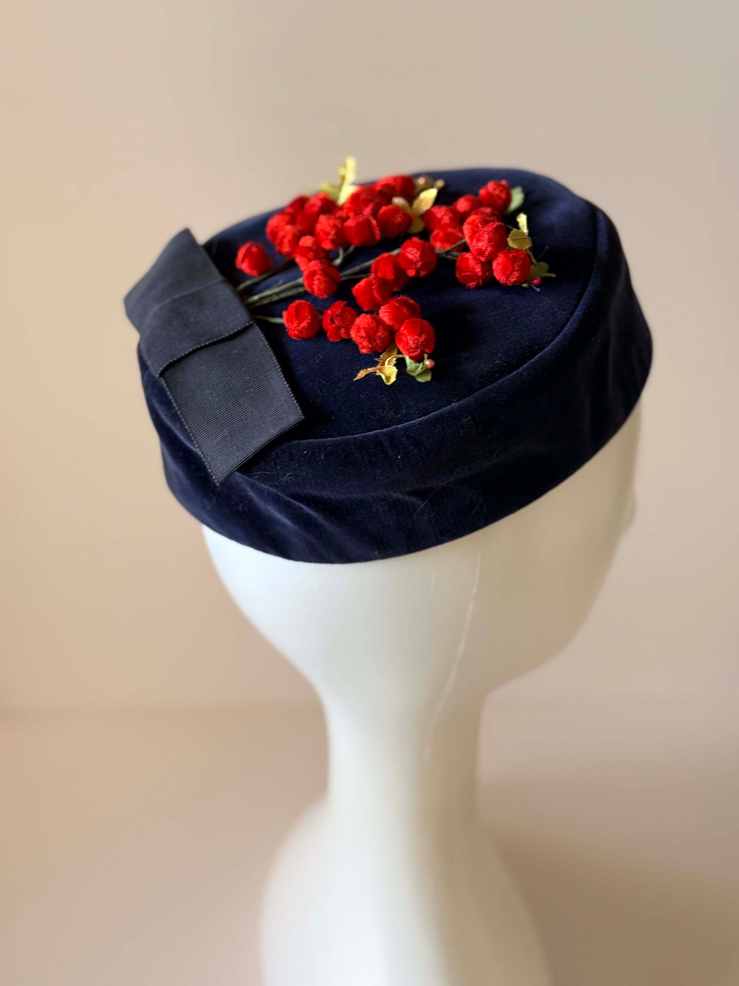 Vintage 1950s Navy Velvet Pillbox Hat | Cherry Red Berry Trim Cocktail Hat | Mid Century Winter Millinery Fascinator