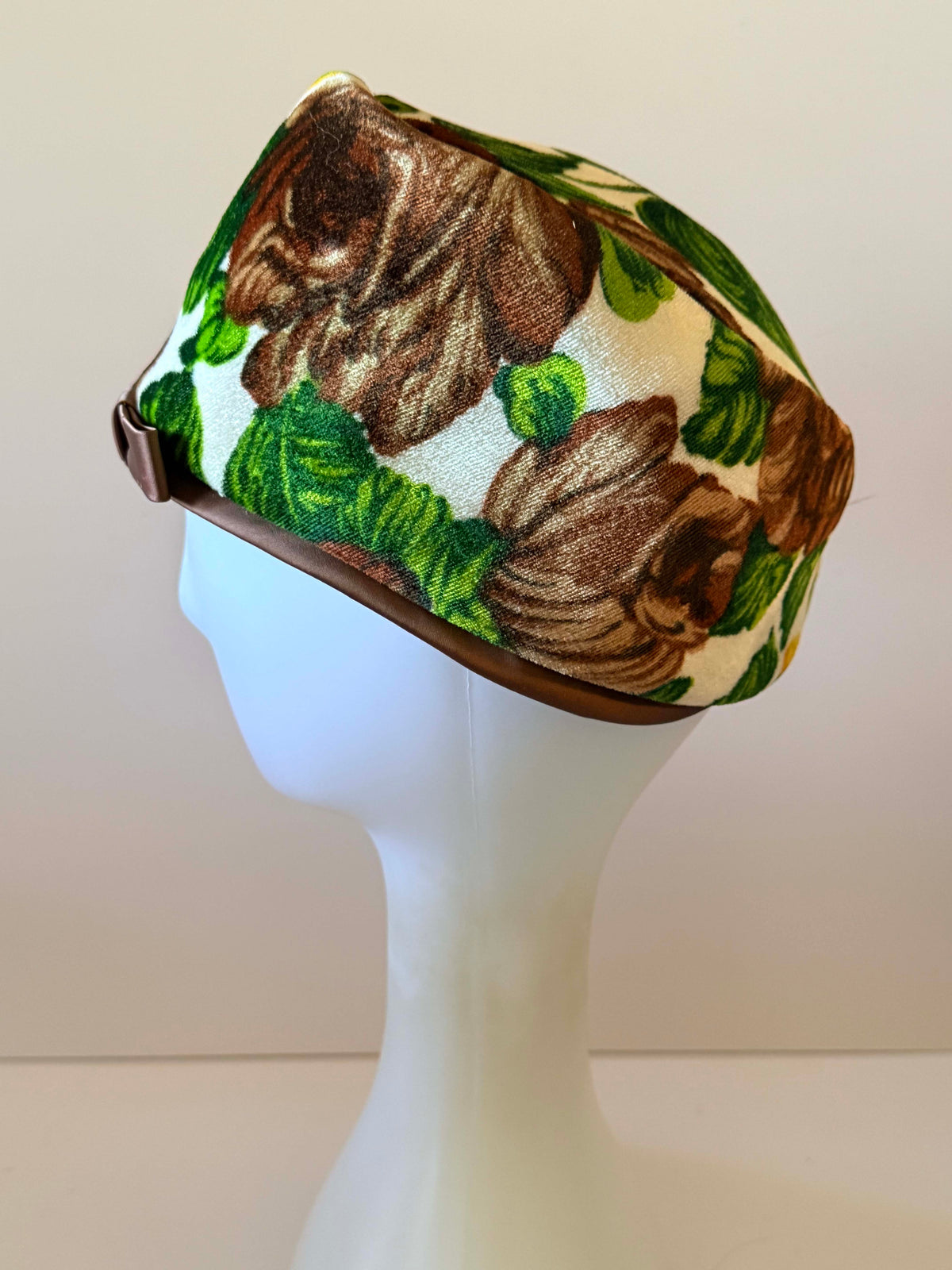Vintage 1960s Floral Velvet Pillbox Hat Brown Yellow Green Rose Print Mod Retro Satin Bow Women's Mid Century Millinery