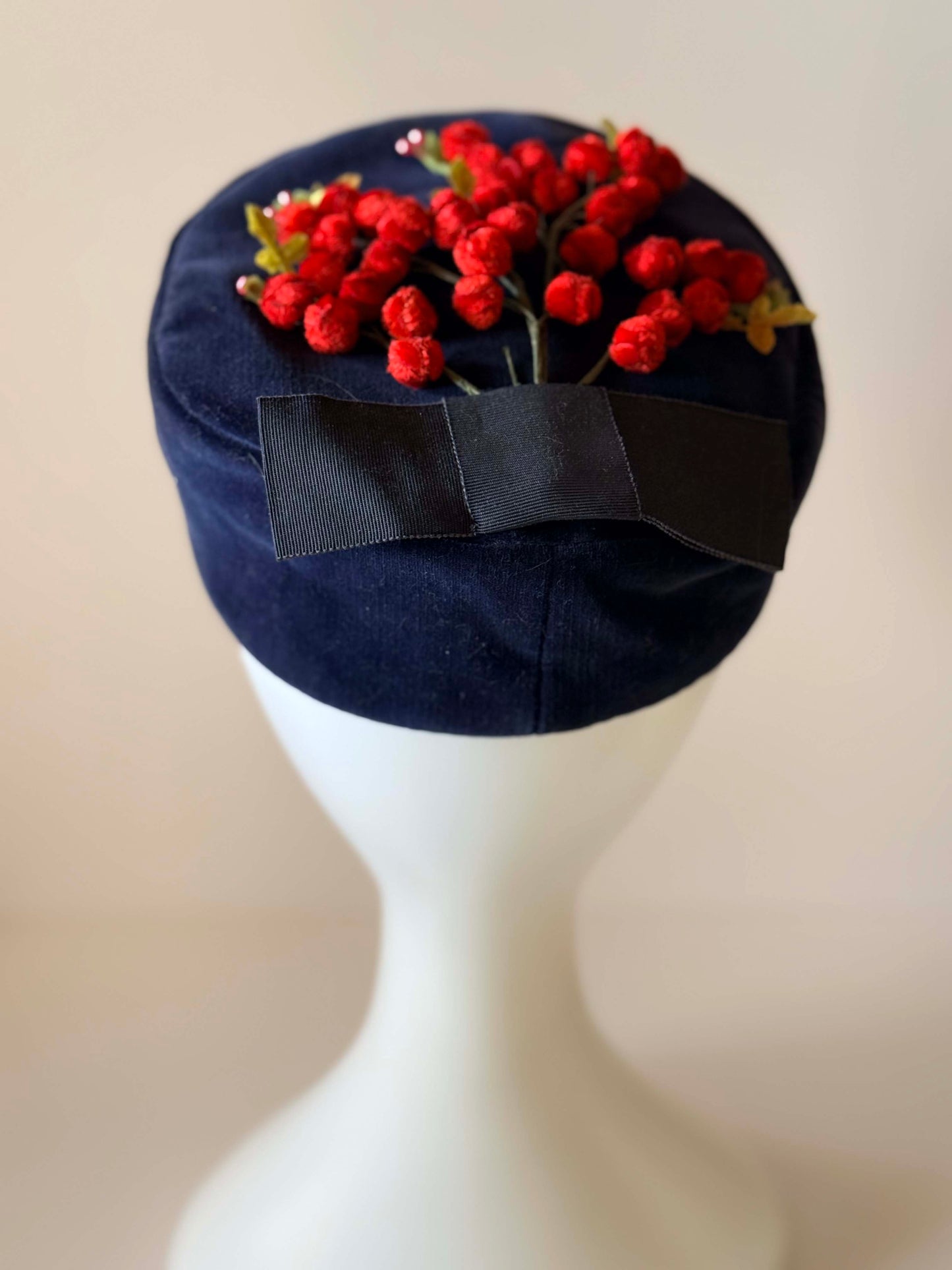 Vintage 1950s Navy Velvet Pillbox Hat | Cherry Red Berry Trim Cocktail Hat | Mid Century Winter Millinery Fascinator