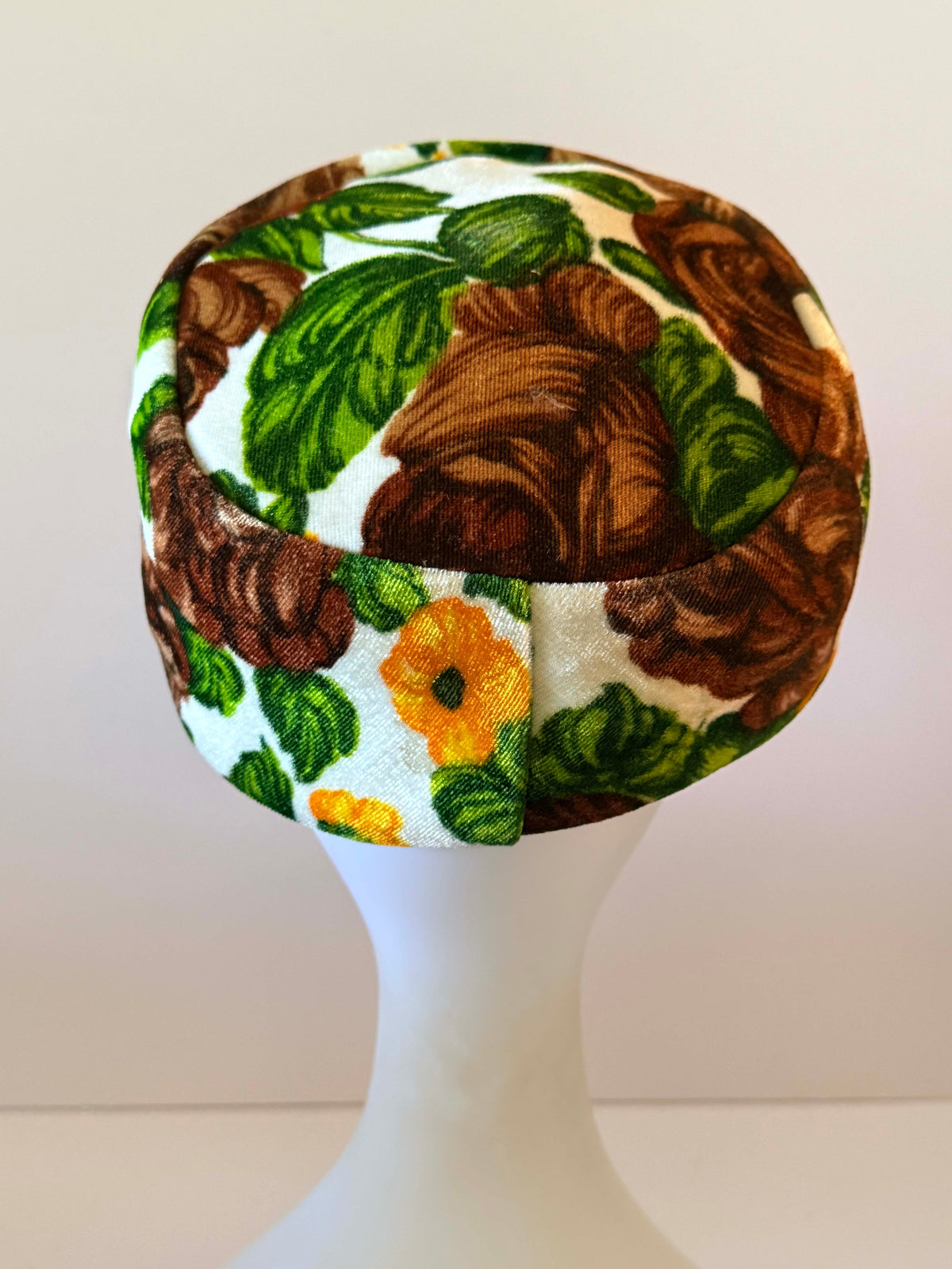 Vintage 1960s Floral Velvet Pillbox Hat Brown Yellow Green Rose Print Mod Retro Satin Bow Women's Mid Century Millinery