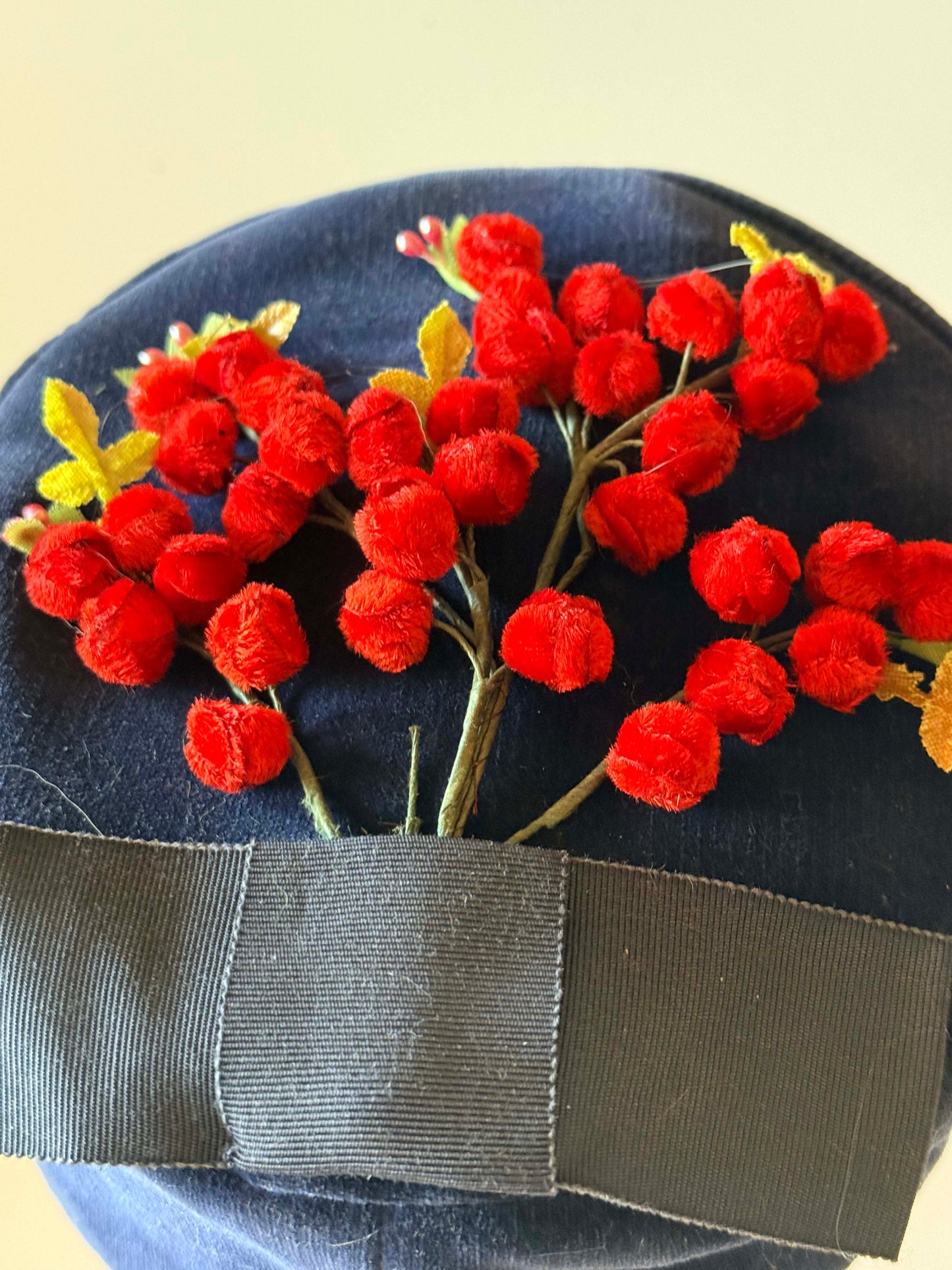Vintage 1950s Navy Velvet Pillbox Hat | Cherry Red Berry Trim Cocktail Hat | Mid Century Winter Millinery Fascinator