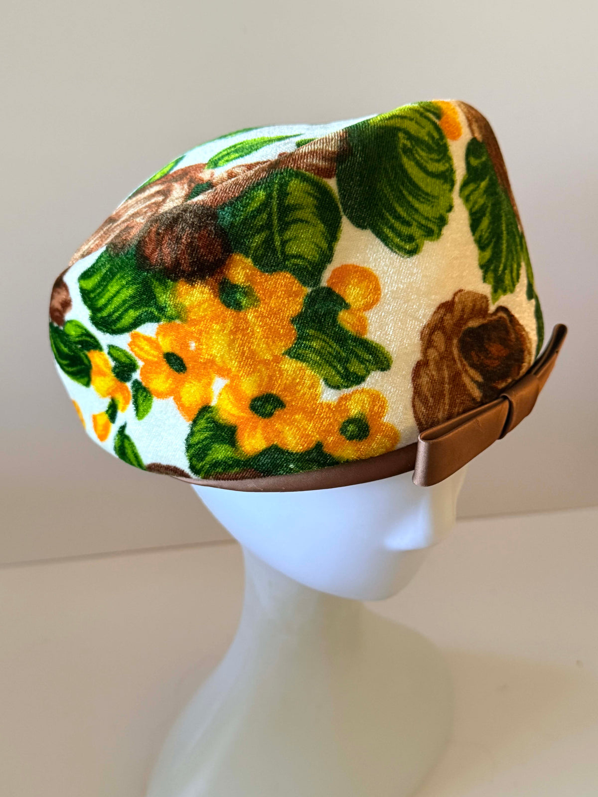 Vintage 1960s Floral Velvet Pillbox Hat Brown Yellow Green Rose Print Mod Retro Satin Bow Women's Mid Century Millinery